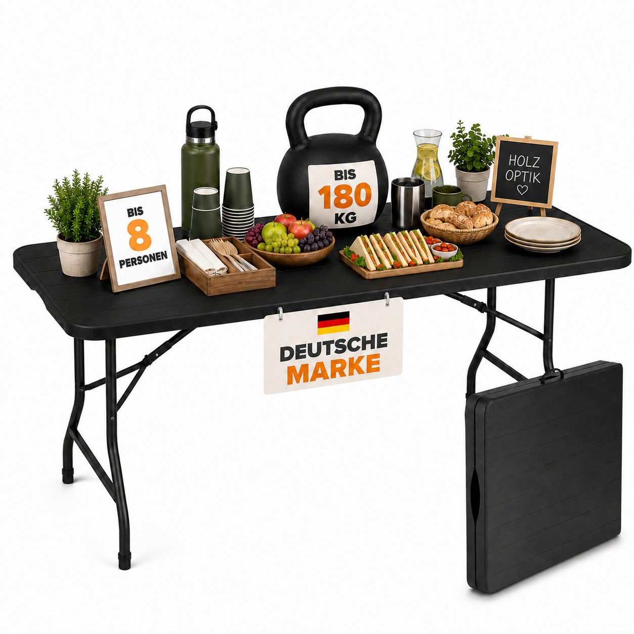Onbest Klapptisch Campingtisch Falttisch Borkum mit Tragegriff Holzoptik, Aluminiumgestell, 180cm, 180kg, klappbar, wetterfest