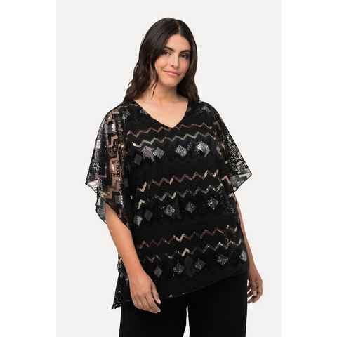 Ulla Popken Longbluse Bluse doppellagig Pailletten V-Ausschnitt Halbarm