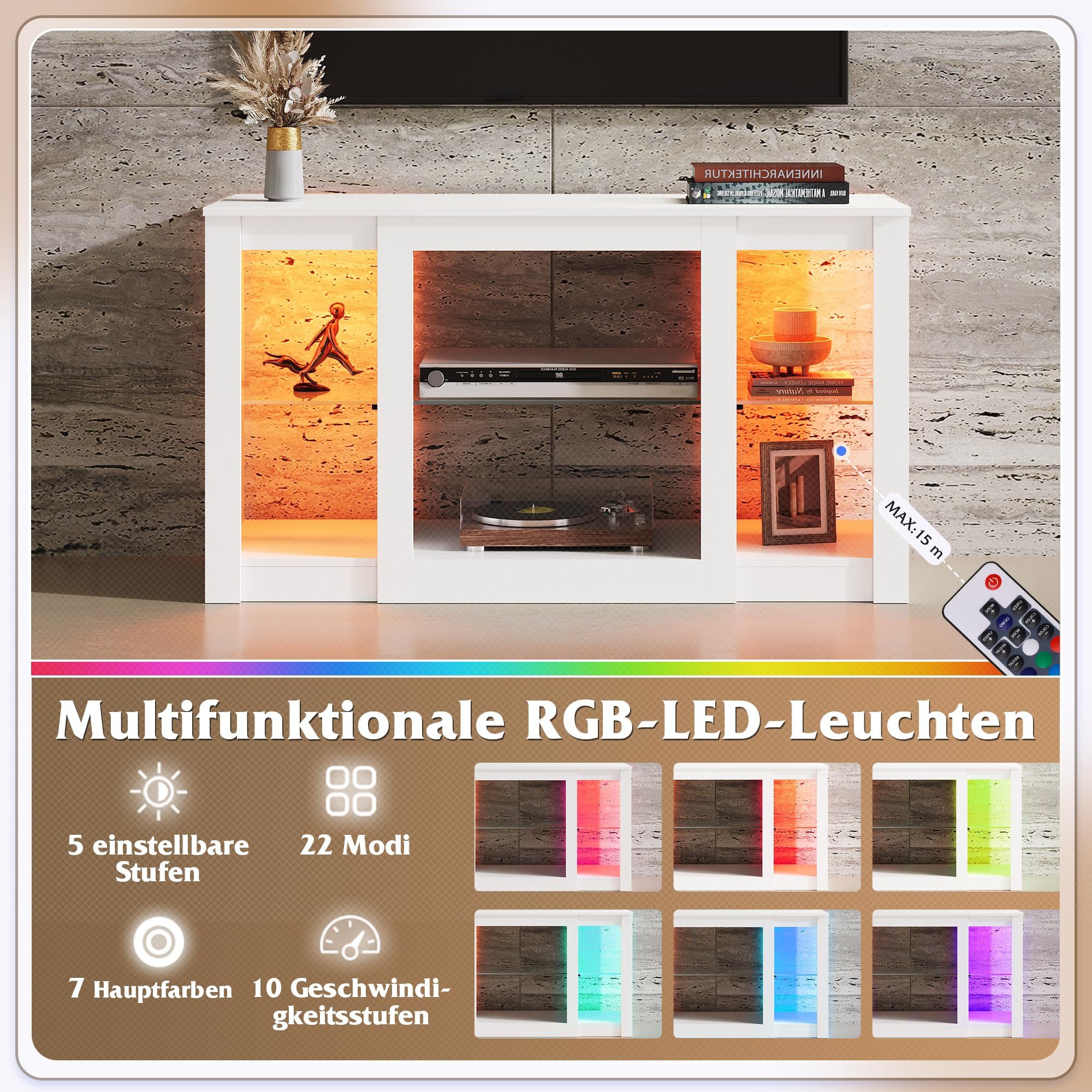 WLIVE Lowboard TV-Schrank mit RGB-LED (22 Modi), 3 offene Fächer & verstellbare, 100 × 40× 56 cm, modern & stabil – Bild 4 von 5