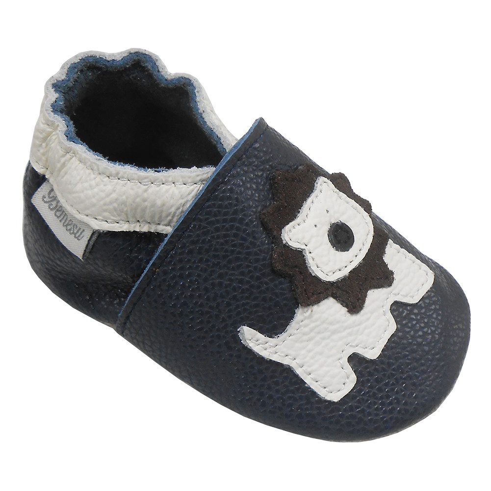 Bemesu Weiche Leder Krabbelschuhe Baby Lauflernschuhe Lederpuschen dunkelblau Krabbelschuh (Muster: Löwe)