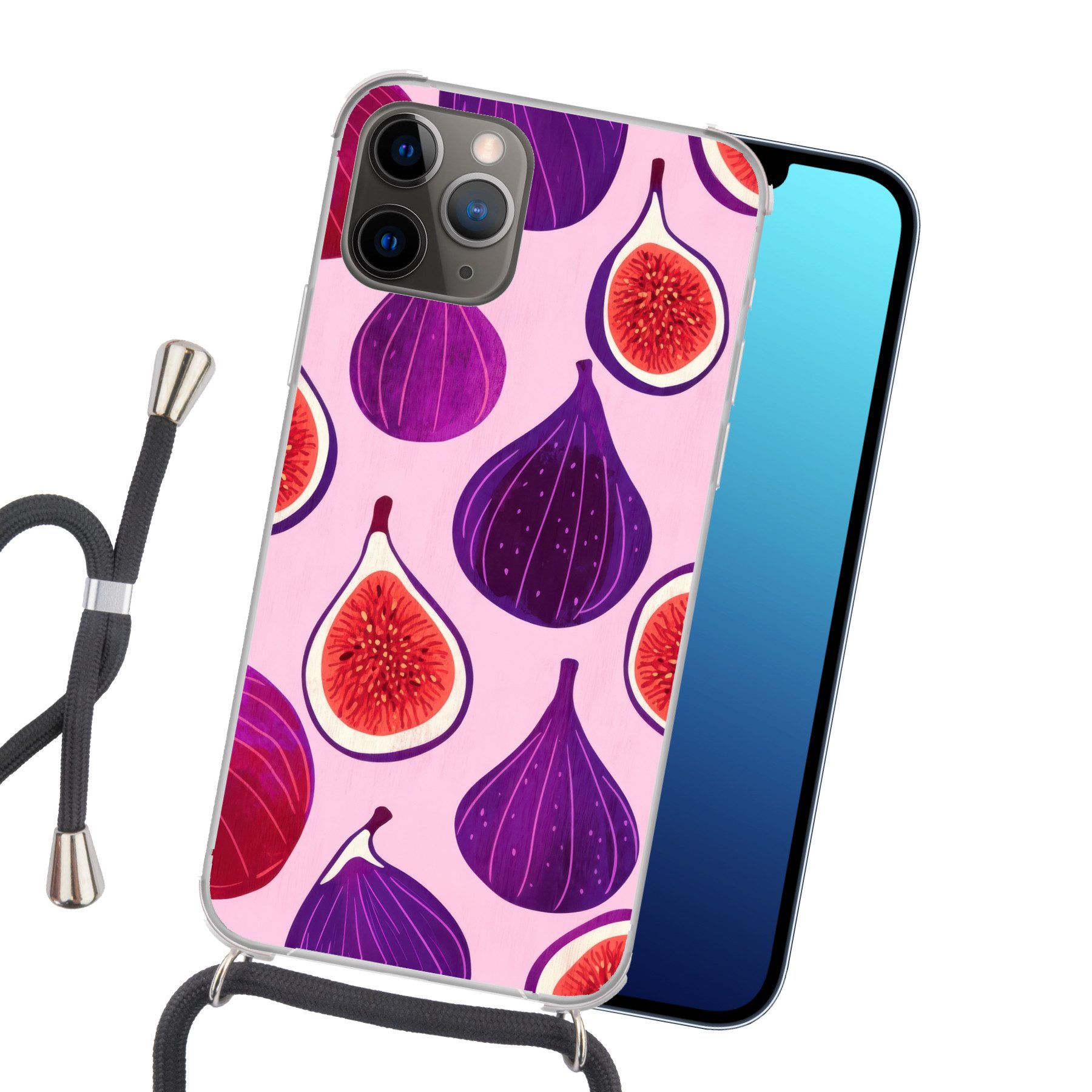 MuchoWow Handyhülle für Apple iPhone 13 Pro Max Feigen - Rosa - Lila, Tragbare Handyhüllen mit Kette zum umhängen, Handykette Handyband