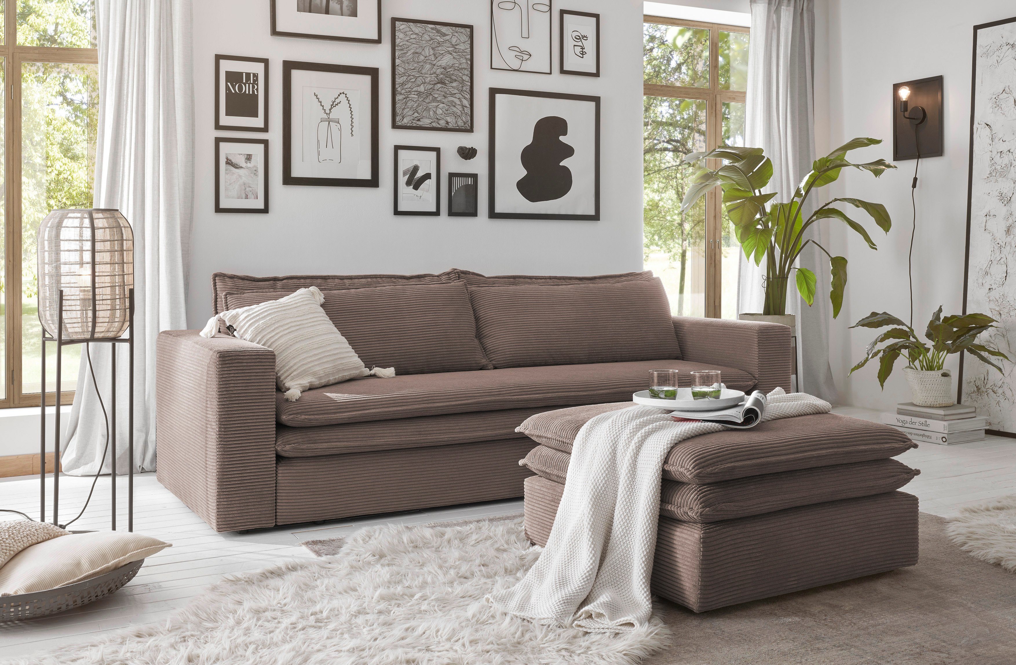 Places of Style Sitzgruppe PIAGGE, (2-tlg), Loveseat-Hocker Hellbraun 3-Sitzer-Sofa im und Set Bettfunktion mit