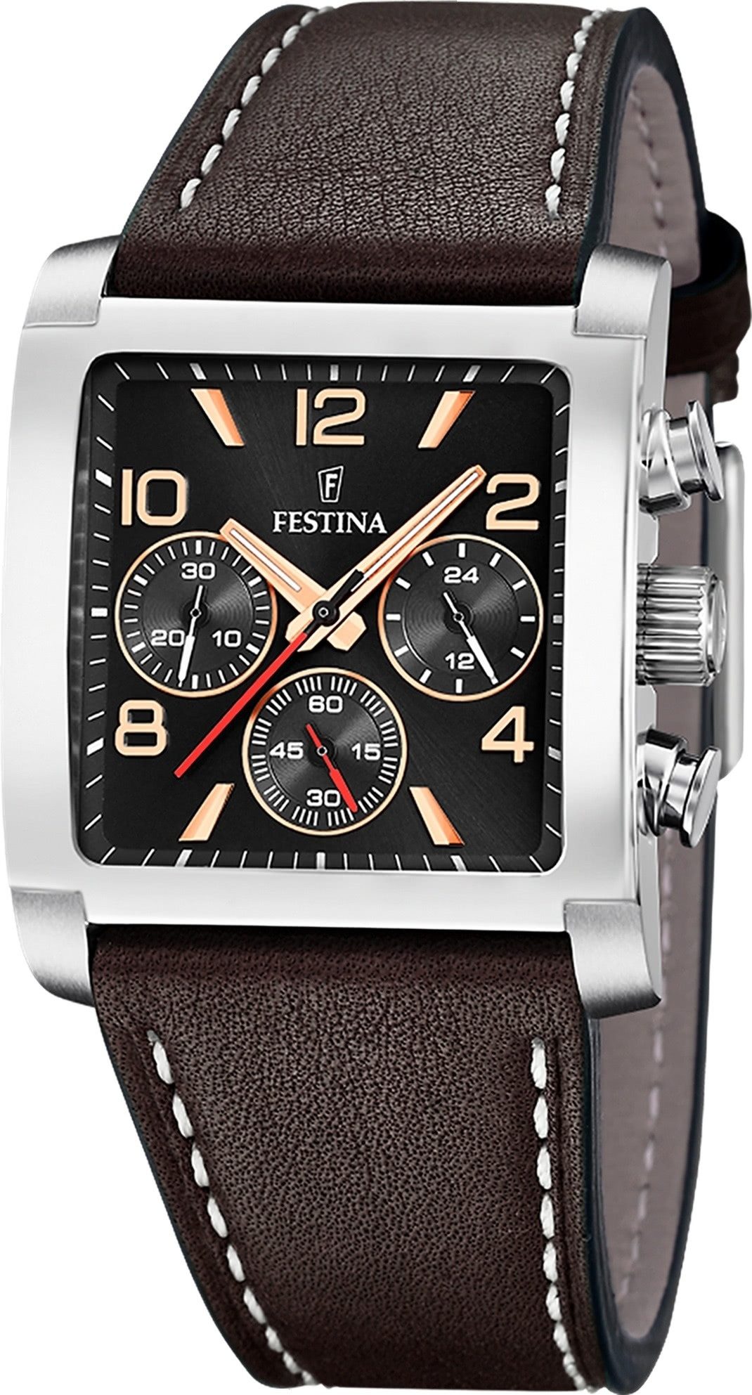 Festina Chronograph Festina Herrenuhr Leder dunkelbraun, (Chronograph), Herren Armbanduhr eckig, Lederarmband dunkelbraun, Elegant