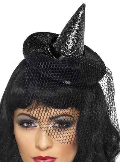 Smiffys Kostüm Mini Hexenhut schwarz, Glitzerndes Spitzhütchen mit Schleier an Haarband
