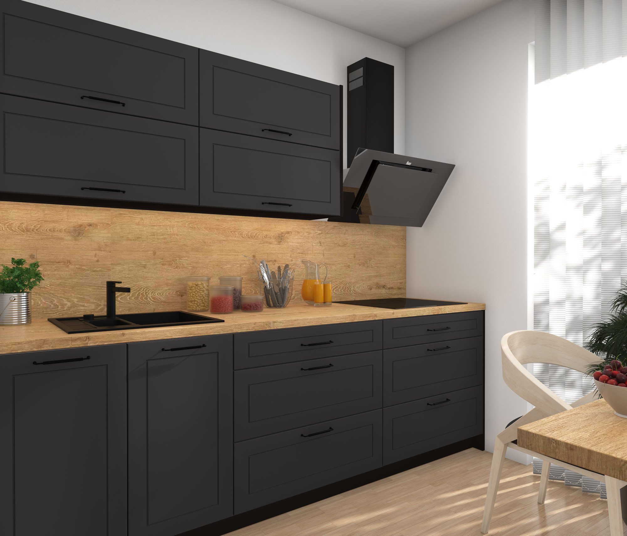 Feldmann-Wohnen Küchenzeile Kvantum, (Klappen mit Gasdruckdämpfer, Schubladensystem REJS Comfortbox), 250cm, 7-teilig, Schwarz / Graphit Matt - REJS Comfortbox