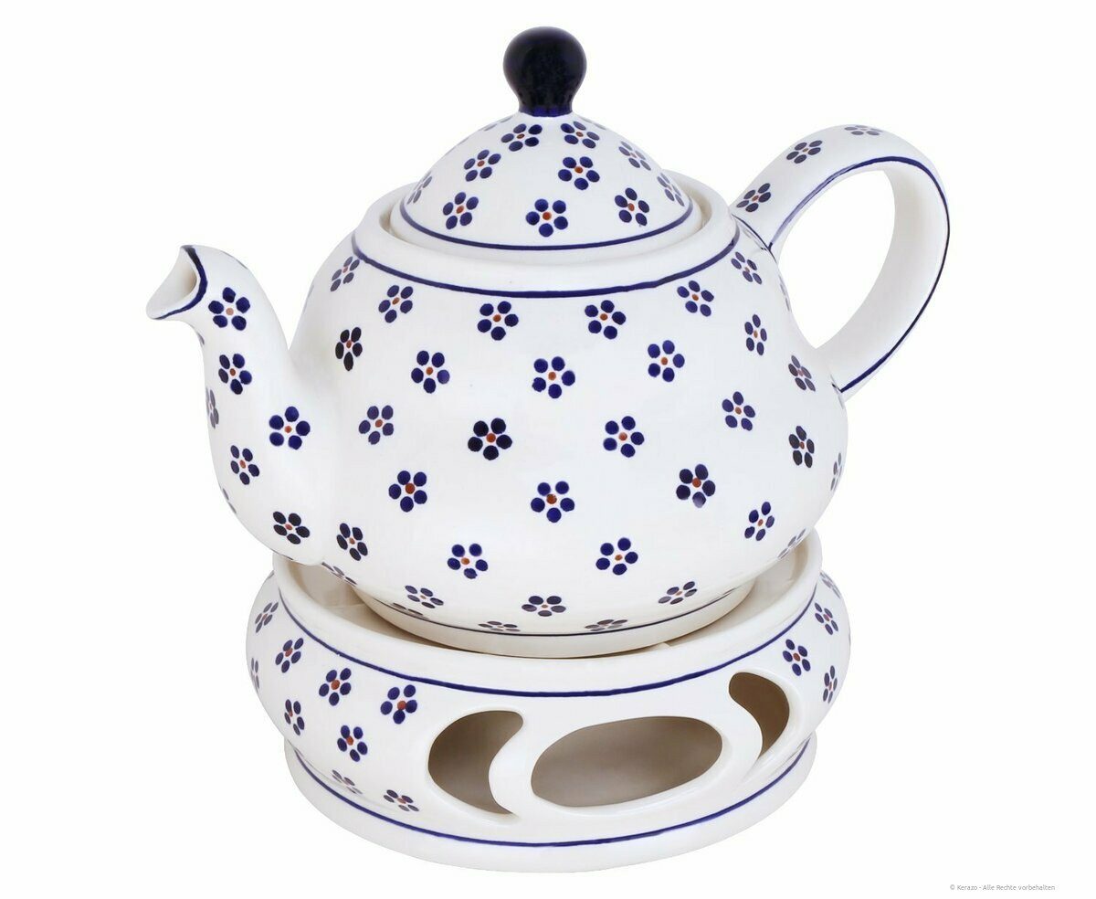 Bunzlauer Keramik Teekanne Bunzlau 1,5L Teekanne mit Stövchen bauchige zweistufige Form,Dekor 225, 1,50 l