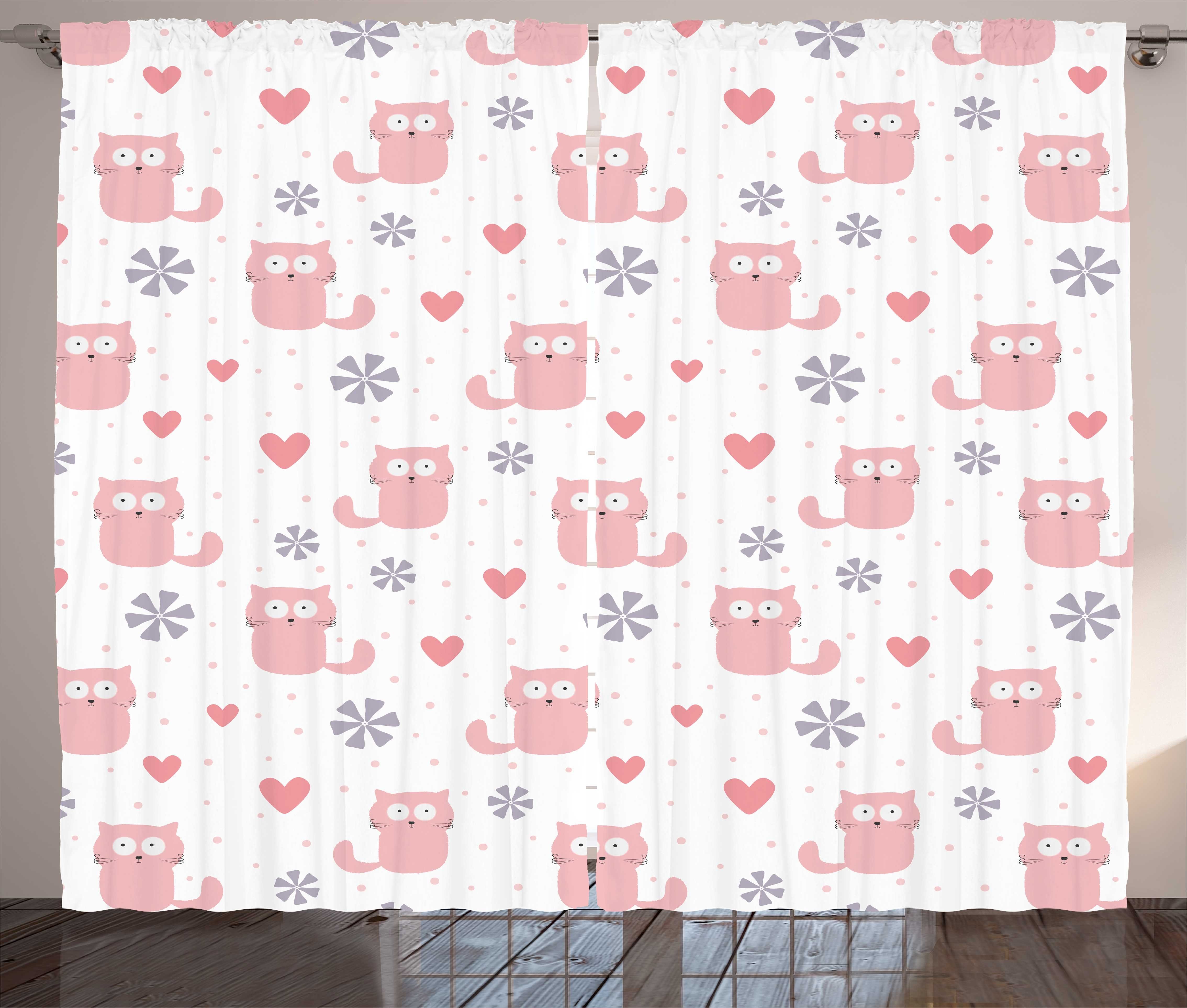 Gardine Schlafzimmer Kräuselband Vorhang mit Schlaufen und Haken, Abakuhaus, Pastell Katzen Herzen und Blumen Fun