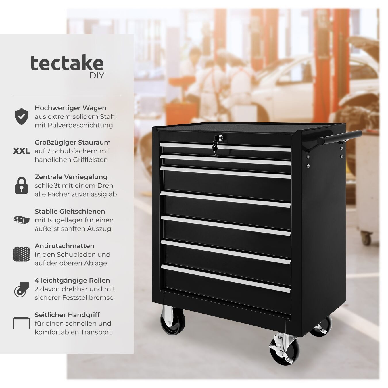tectake Werkzeugwagen Werkstattwagen mit 7 Schubladen, schwarz, 7 kugelgela günstig online kaufen