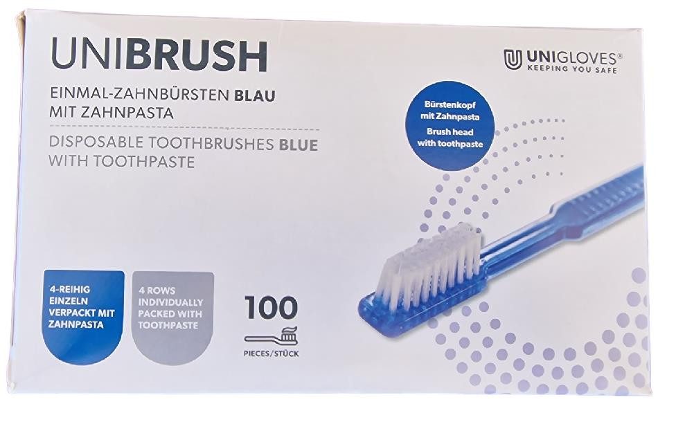 Zahnbürste Unibrush Einmalzahnbürste mit Zahnpasta 100 Stück Blau