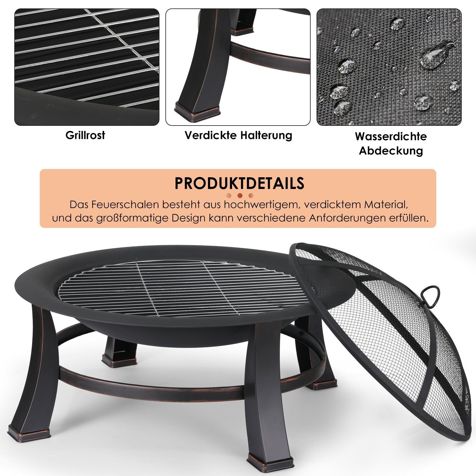 TLGREEN Feuerschale Φ76cm Feuerkorb mit grillrost, (Feuerkorb mit 600D wasserdichte Oxford Abdeckung, Multifunktional Feuerstelle Feuerkorb), Feuerschalen für den garten, BBQ grill