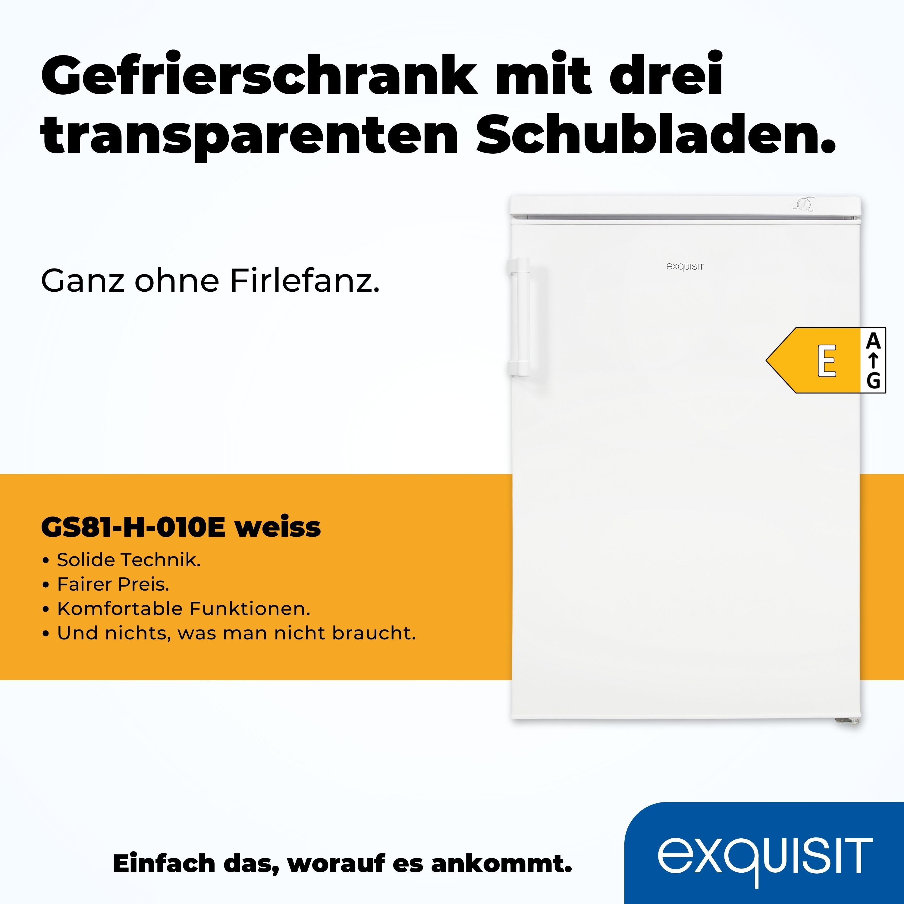 exquisit Gefrierschrank GS81-H-010E, 84,5 cm hoch, 56 cm breit, 4*-Gefrierschrank mit praktischem Griff – leicht & bequem zu öffnen