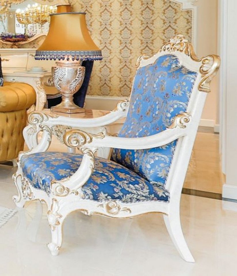 Casa Padrino Sessel Luxus Barock Sessel Blau / Weiß / Gold 20 x 20 x H. 20  cm   Prunkvoller Massivholz Wohnzimmer Sessel mit elegantem Muster   ...