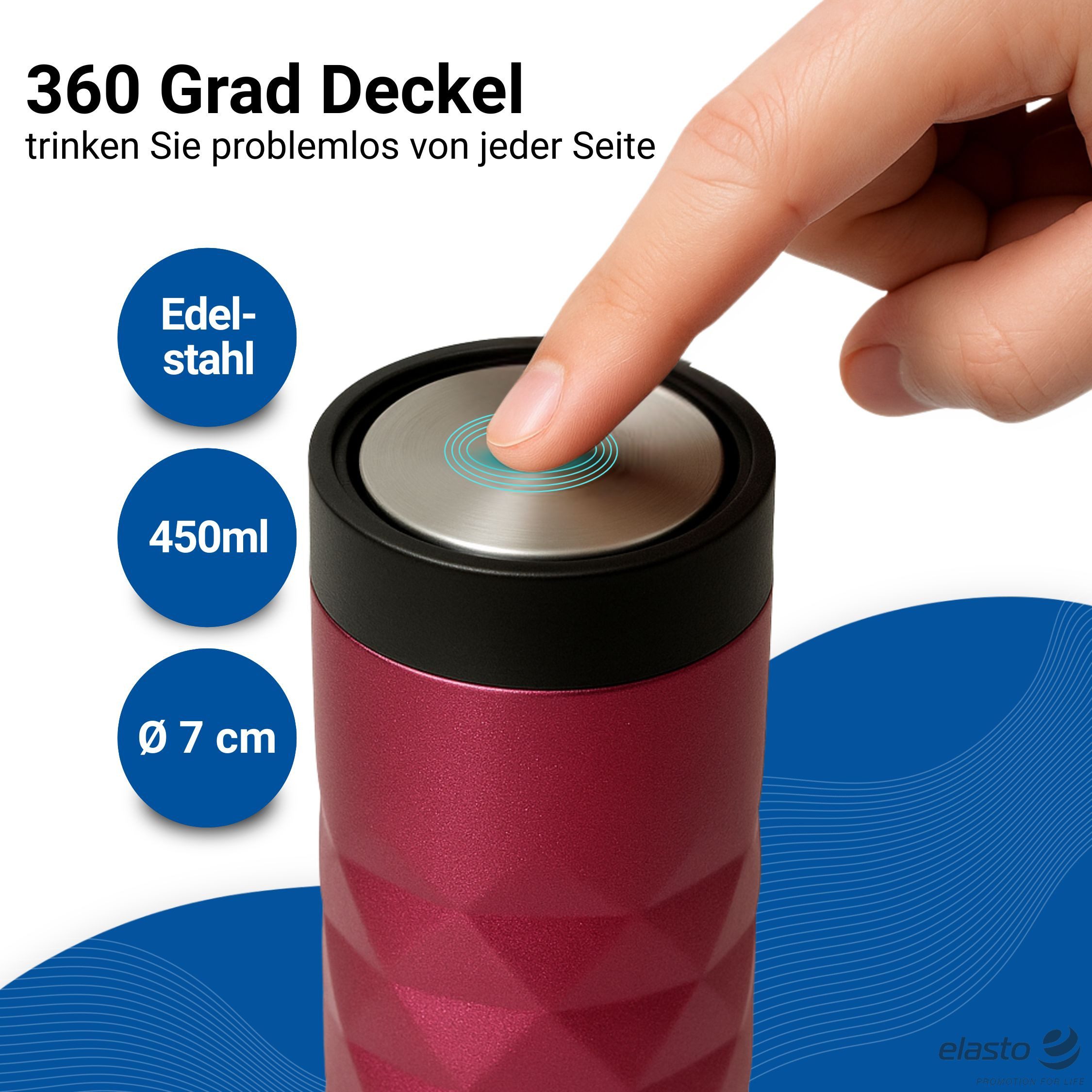 elasto Coffee-to-go-Becher Diamond 360 auslaufsicherer Thermobecher 450 ml, Kaffeebecher to go, Doppelwand, Leicht, Robust, 360 Grad Deckel