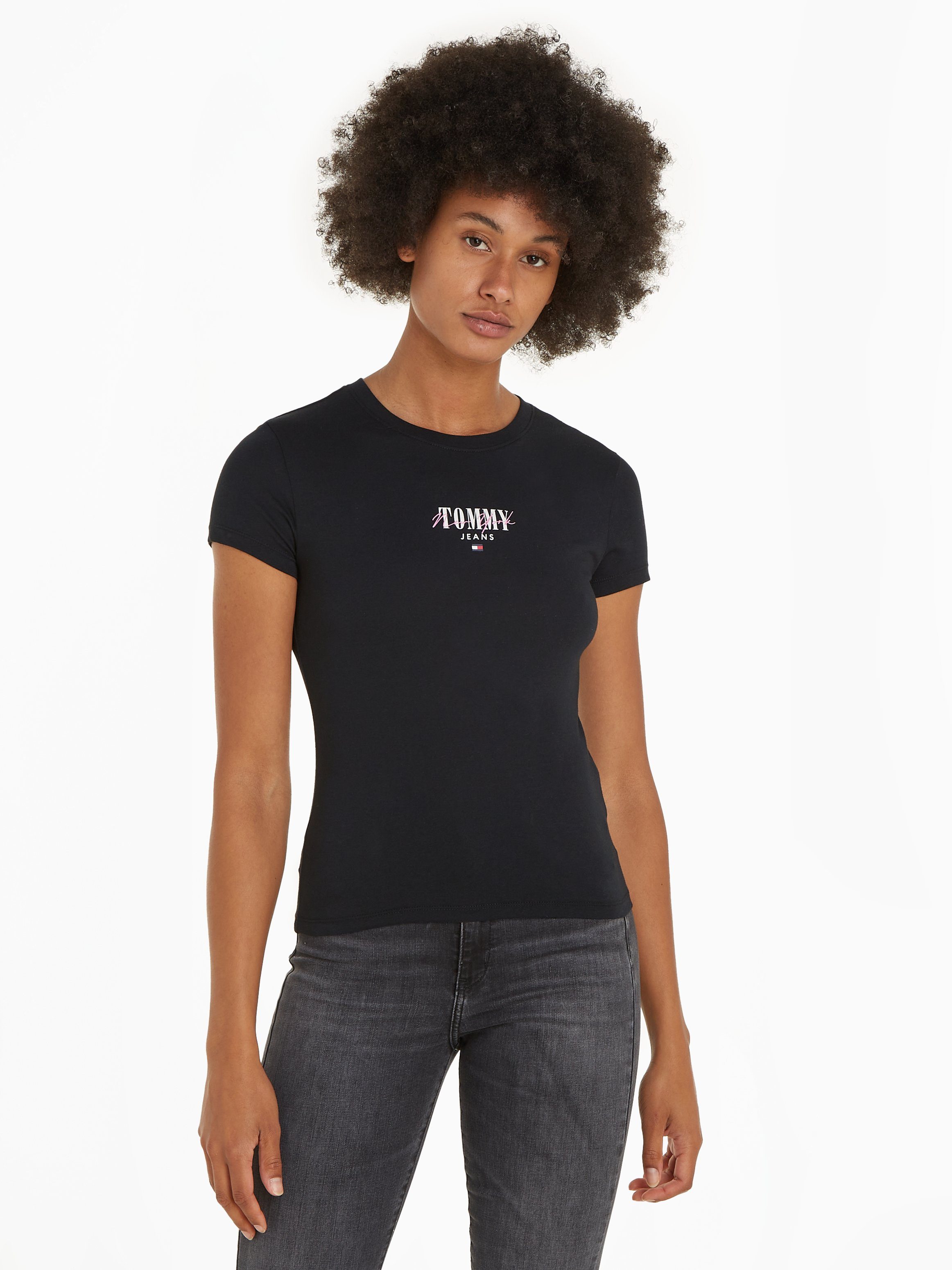 TOMMY JEANS Rundhalsshirt Rib Slim Essential Logo Rippshirt, feines Jersey Rippe, elastisch mit Tommy Jeans Logo mehr
