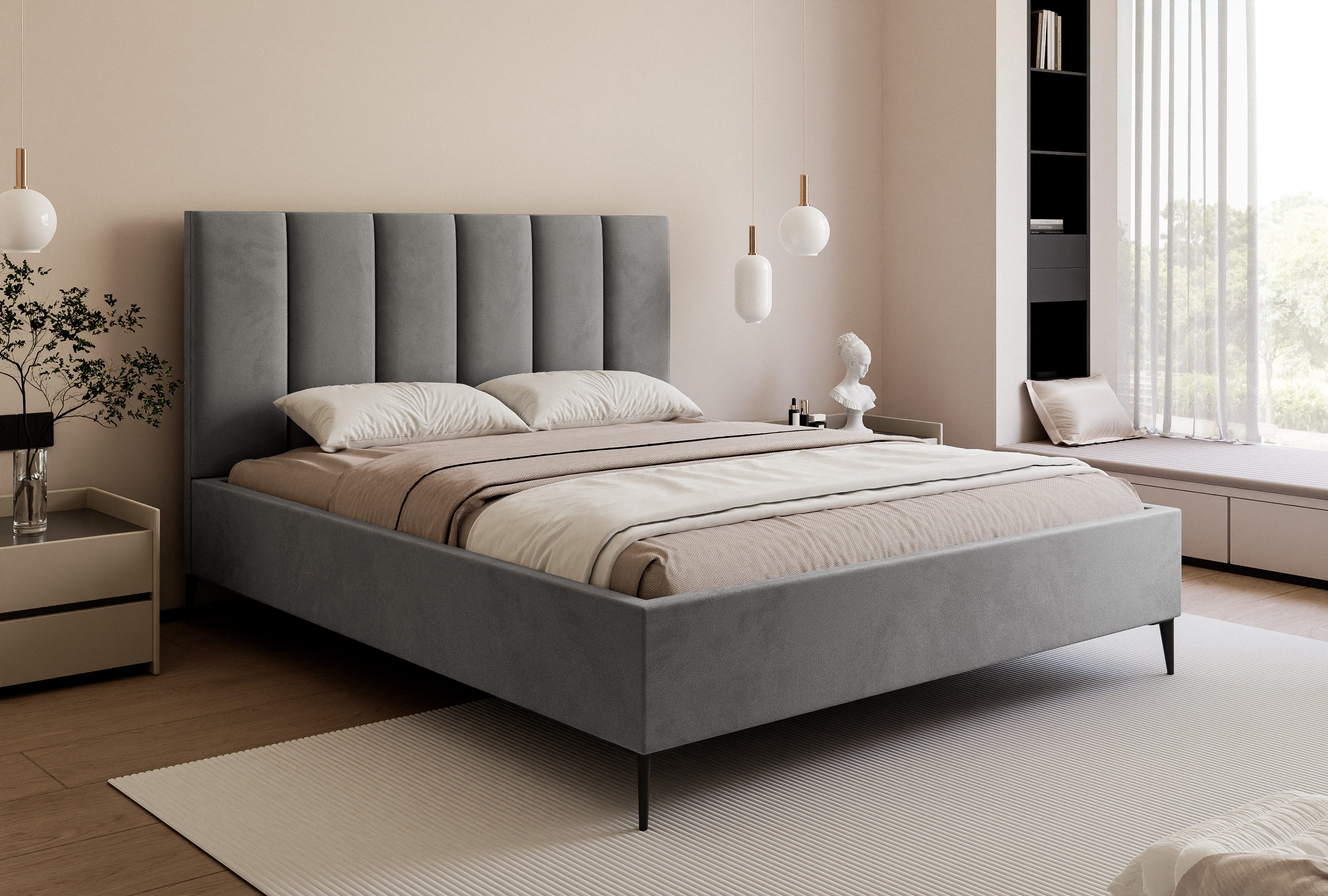 Goldstoff Polsterbett Modernes Bett "GERMAIN" mit hohem Kopfteil und integriertem Bettkasten (120–200x200 cm, Kopfteilhöhe: 90/110 cm, Seitenhöhe: 25/40 cm), Elegantes Bett mit Stauraum und wählbarer Kopfteilhöhe