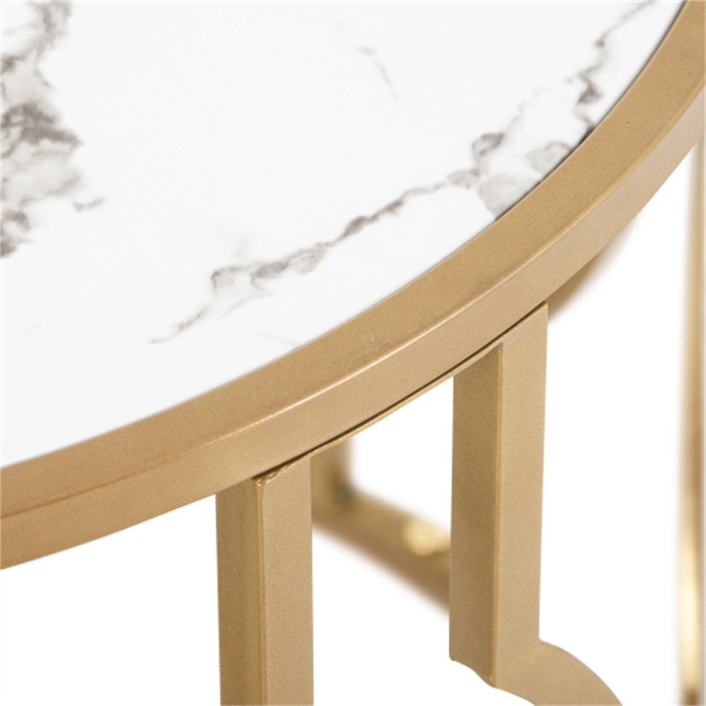 goldfarbenem Tisch Rund Dekorative (1-St), Mamormuster Wohnzimmertisch Stahlrahmen, Wohnzimmer Sofatisch weißes 70*46.5cm Beistelltisch mit Couchtisch