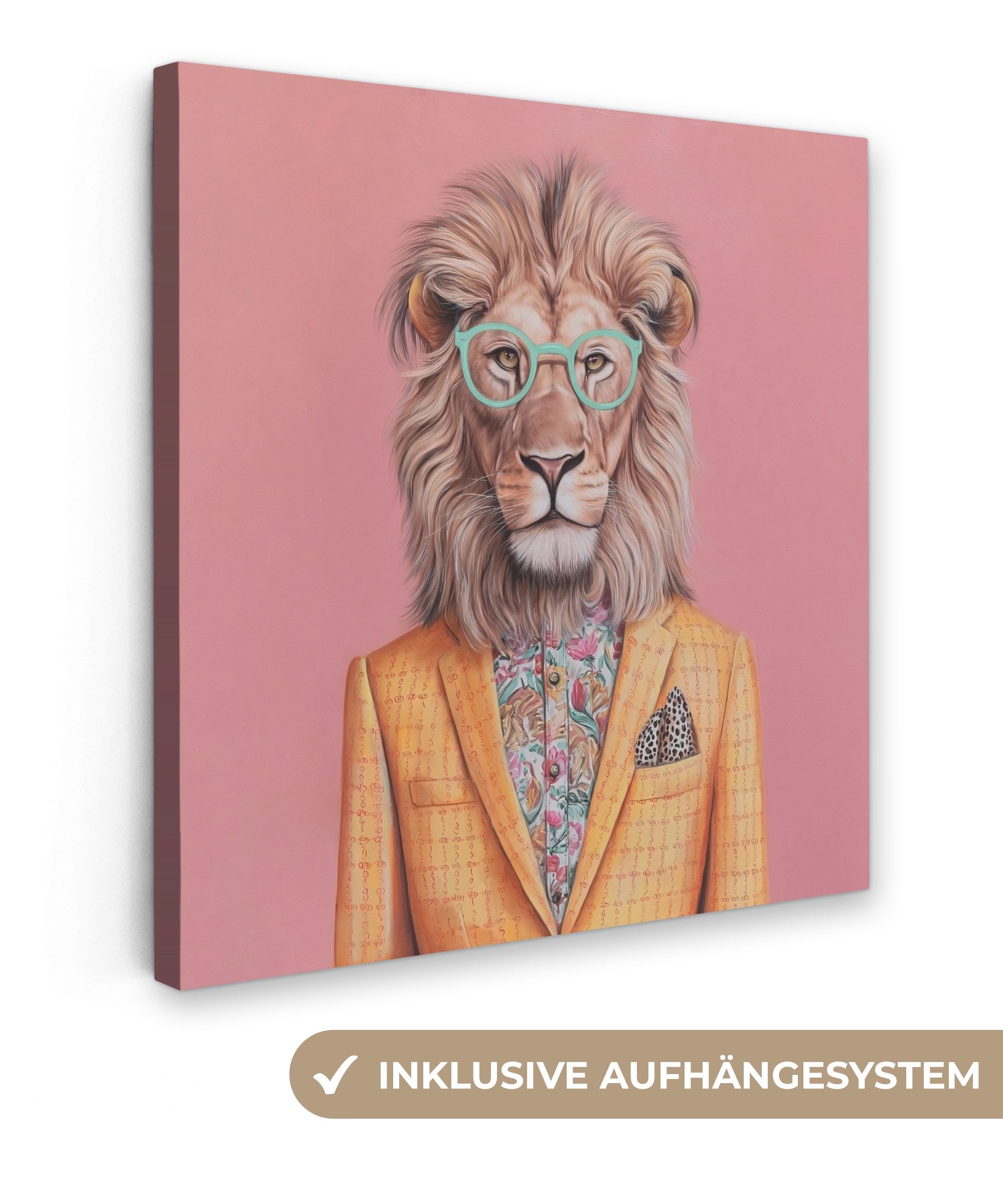 OneMillionCanvasses® Leinwandbild Löwe - Anzug - Kariert - Brille, Fotodruck (1 St), Wandbild, Deko Schlafzimmer Wohnzimmer Flur 20x20 cm