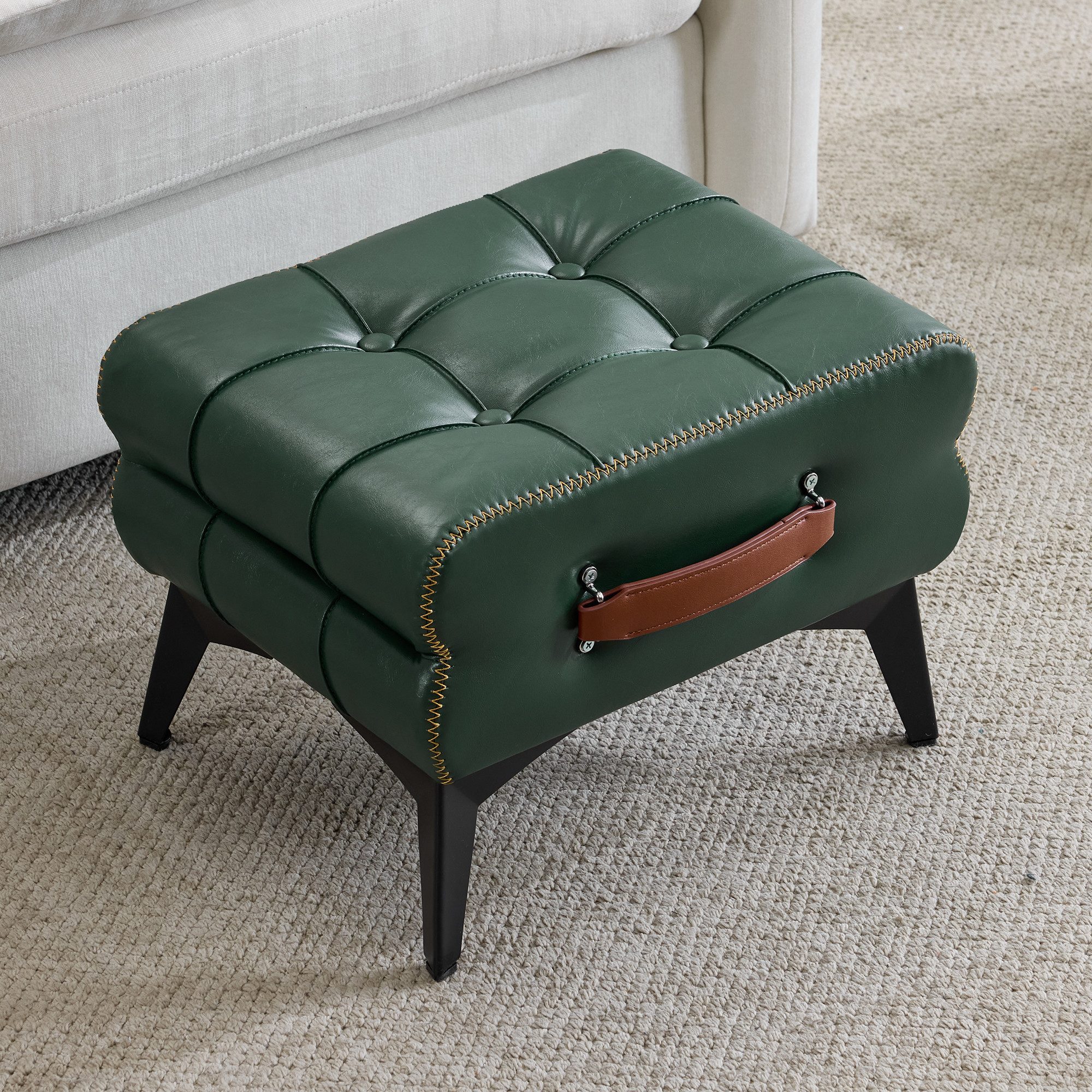 HAUSS SPOLE Polsterbank mit Metallbeinen, Fußhocker Polsterhocker mit Ledergriff, Grün (PU-Leder Hocker mit Tragegriff), Wohn- und Schlafzimmerhocker Polsterhocker im Retro-Stil