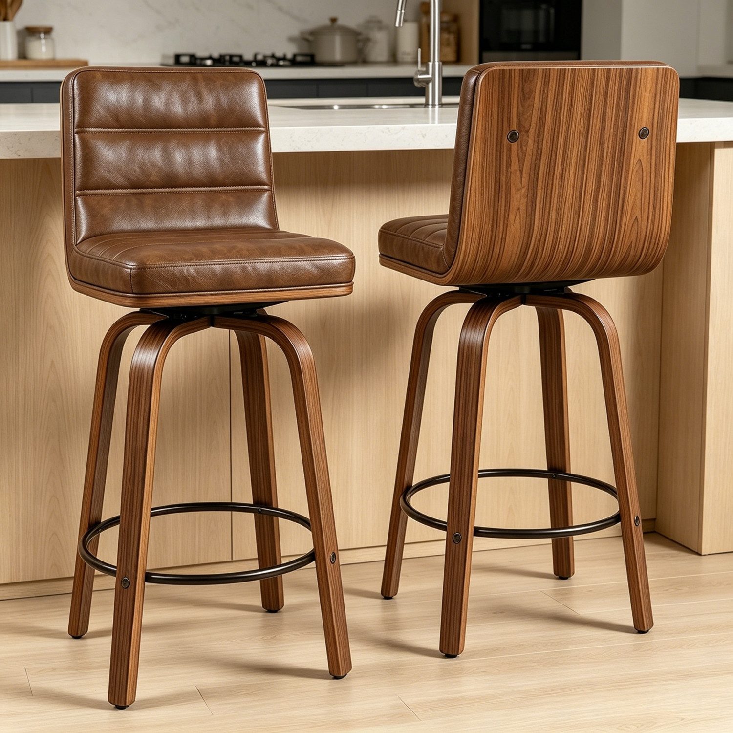 ANYSUN Barhocker 2er Set Barstühle mit Rückenlehne,360° Drehbare Hocker mit Fußstütze (Lederpolsterung & geschwungenen Holzbeinen 360° Drehstuhl, 2er Set), Barhocker ideal für Bars, Küchen, Cafés oder Esstisch.Kücheninseln