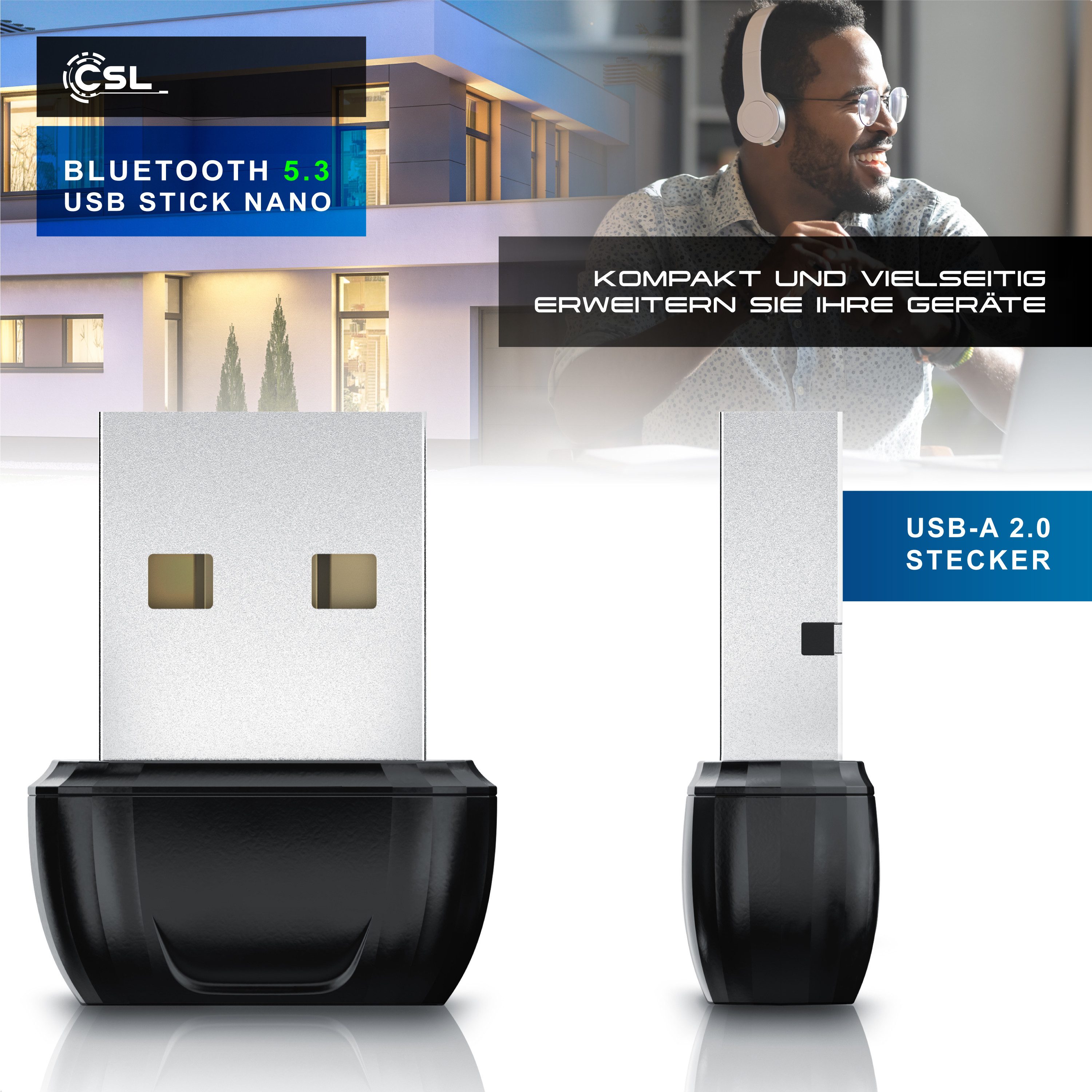 CSL BT USB Stick Nano, BT5.3 Adapter / Dongle, Empfänger & Sender Bluetooth-Adapter USB zu USB Typ A, Plug&Play, Auto-Reconnect, bis 20 m, bis 7 Geräte, 3 Mbit/s
