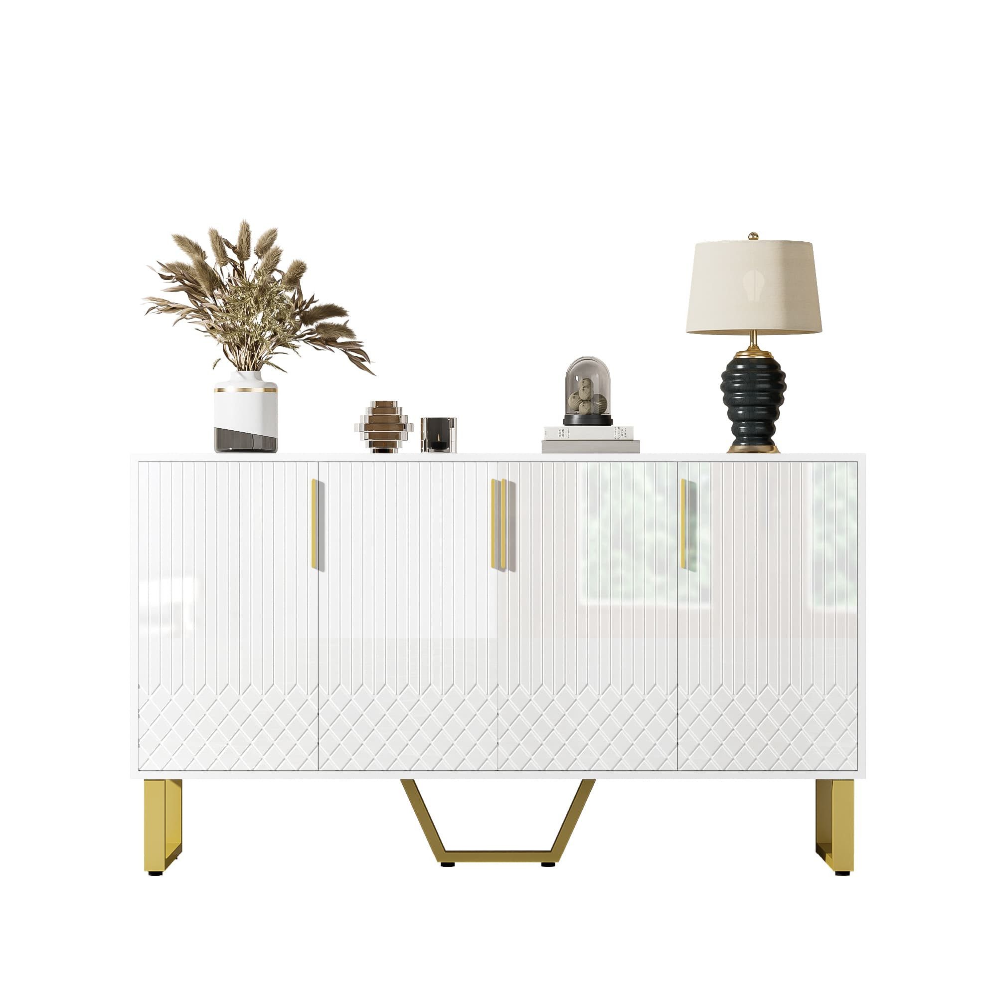 autolock Kommode Hochglanz-Sideboard,Kommode, 4 Türen, Metallgriffe und -beine, 140L*40B*80H cm,geometrisches Design in Weiß