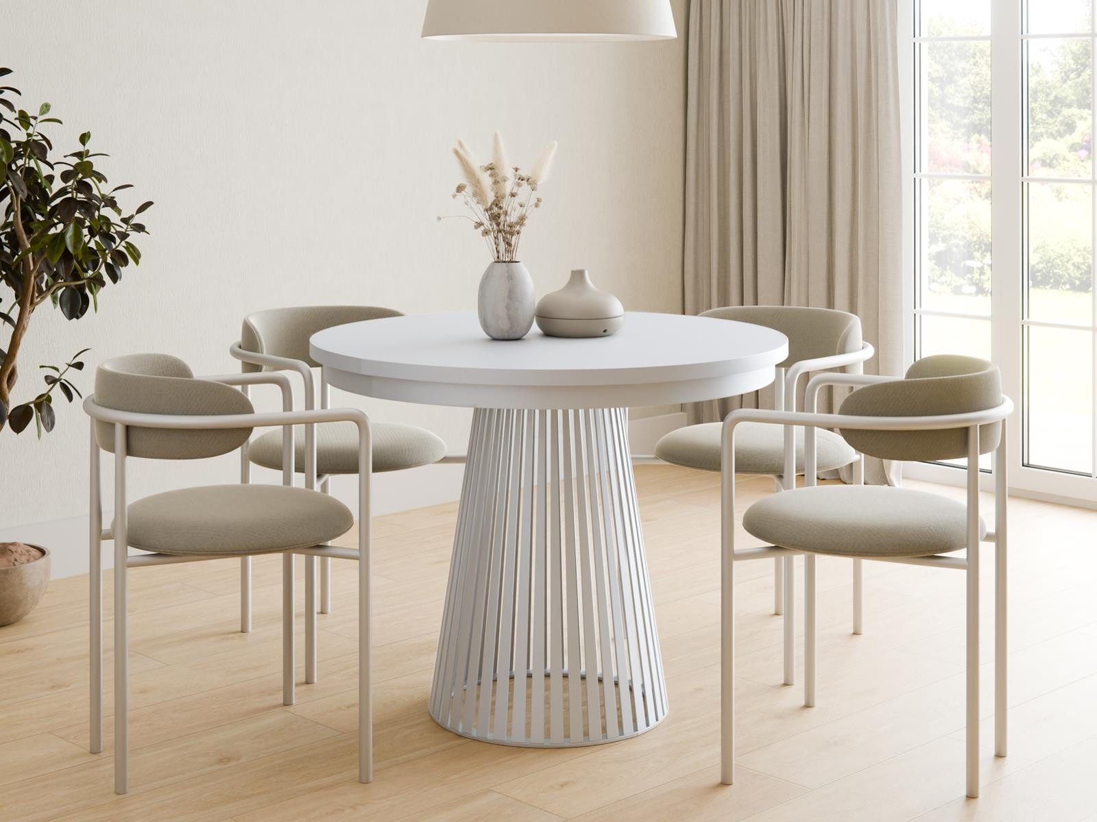 Compleo Esstisch Rund, Säulengestell mit Rillenstruktur DAST, Ausziehbar 100-180 cm