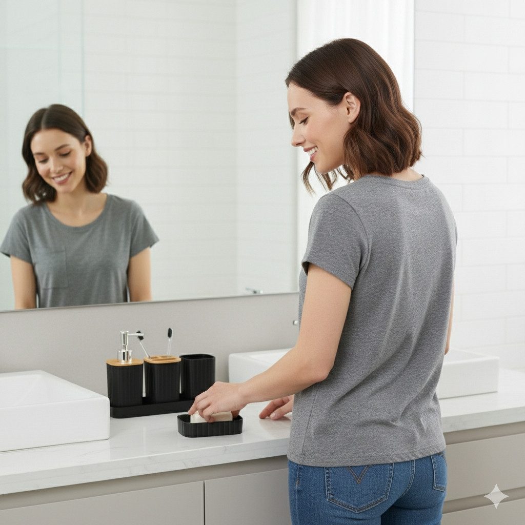 Cheffinger Badaccessoire-Set Bad-Accessoire Set 5-tlg Seifenspender Zahnput günstig online kaufen