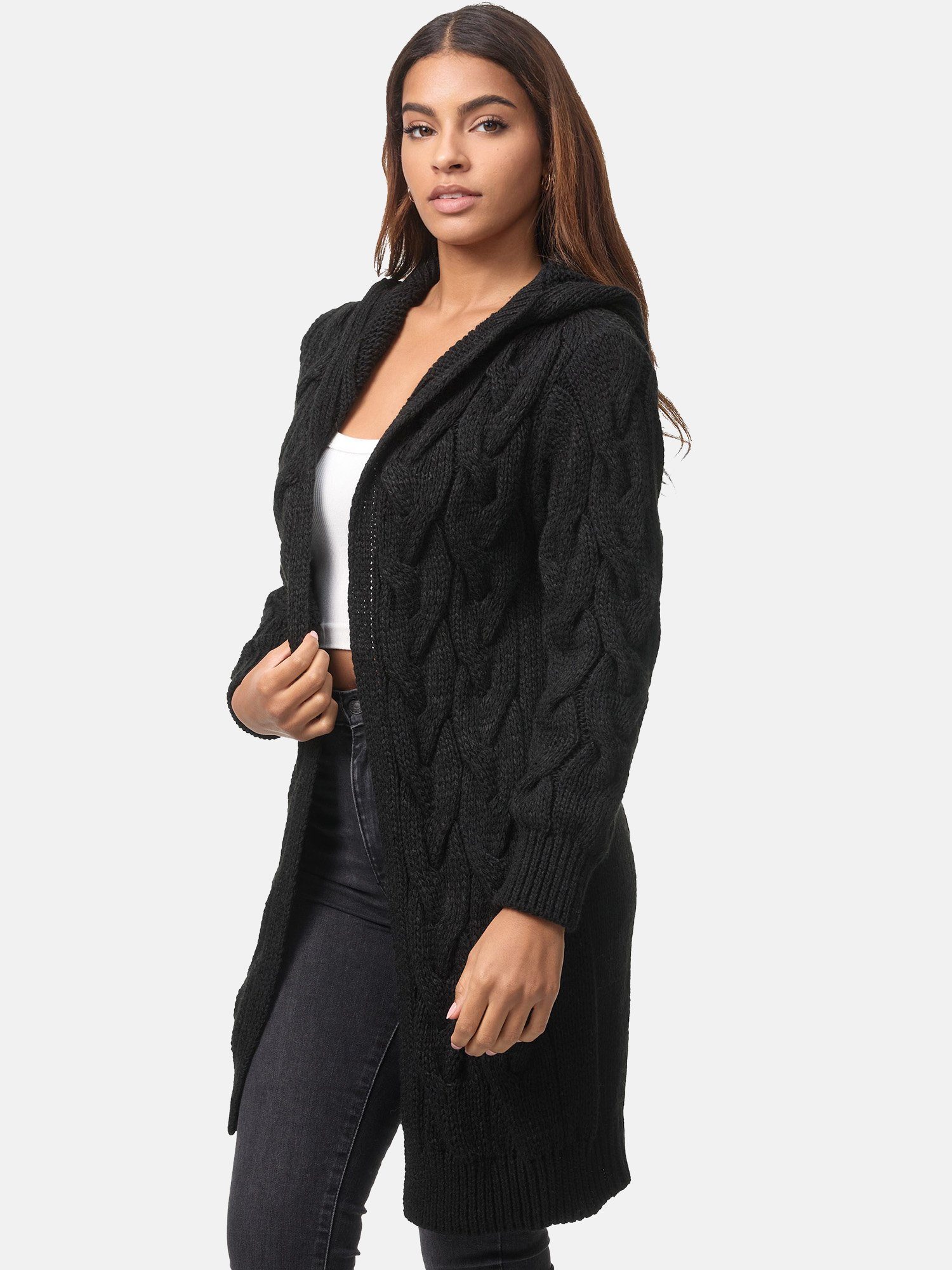 Damen mit (1-tlg) Elara Schwarz Kapuze Cardigan Maxikleid Elara