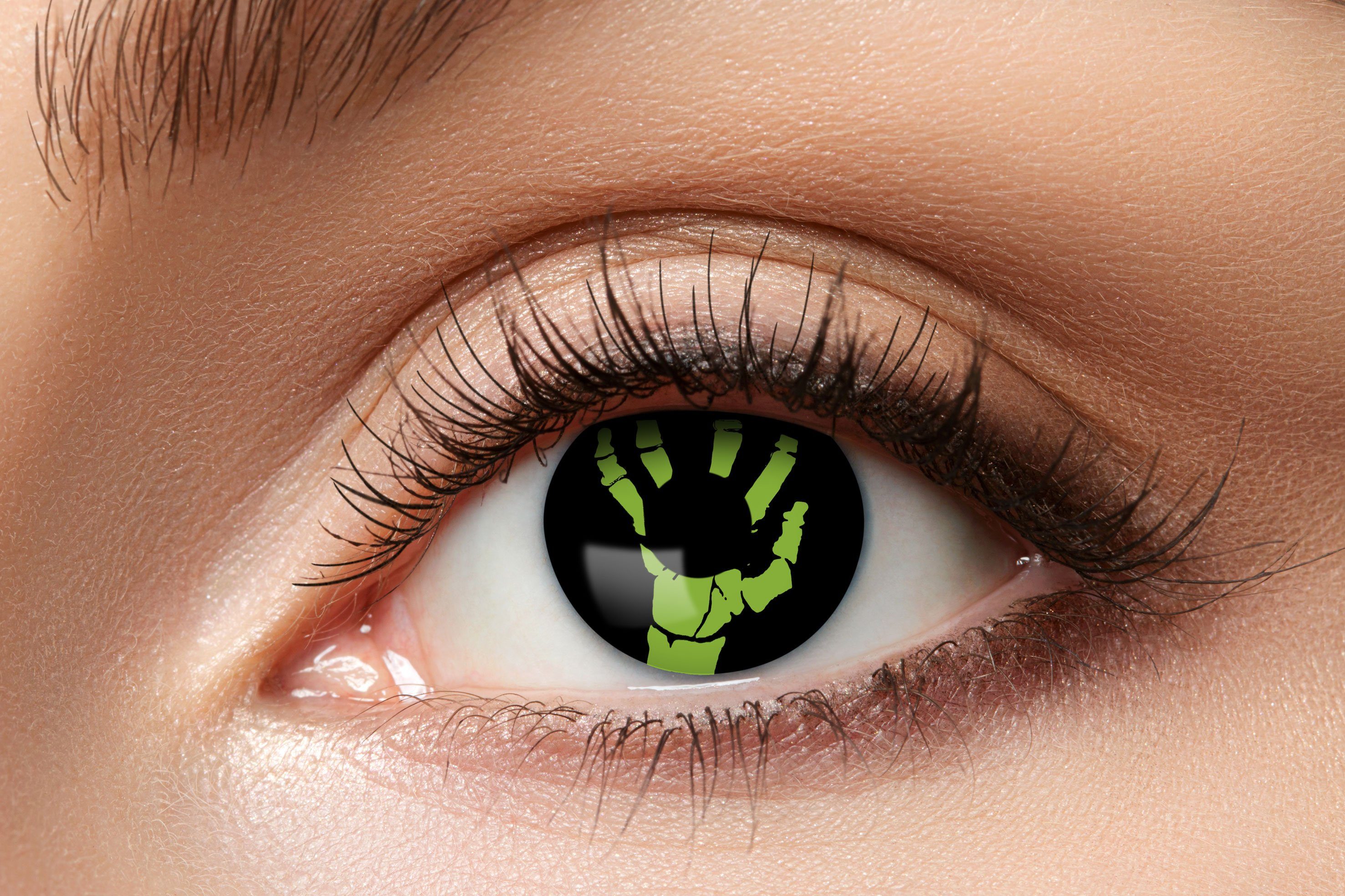 Farblinsen Green Hand Kontaktlinsen. Skeletthand Motivlinsen.