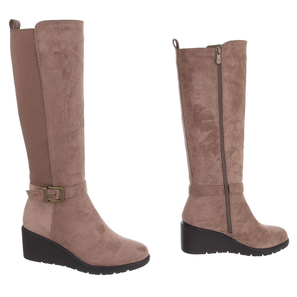 Ital-Design Damen kniehoher Stiefel mit Keilabsatz und Stretchband Keilstiefel (92125559) Keilabsatz/Wedge Stiefel in Hellbraun – Bild 4 von 5