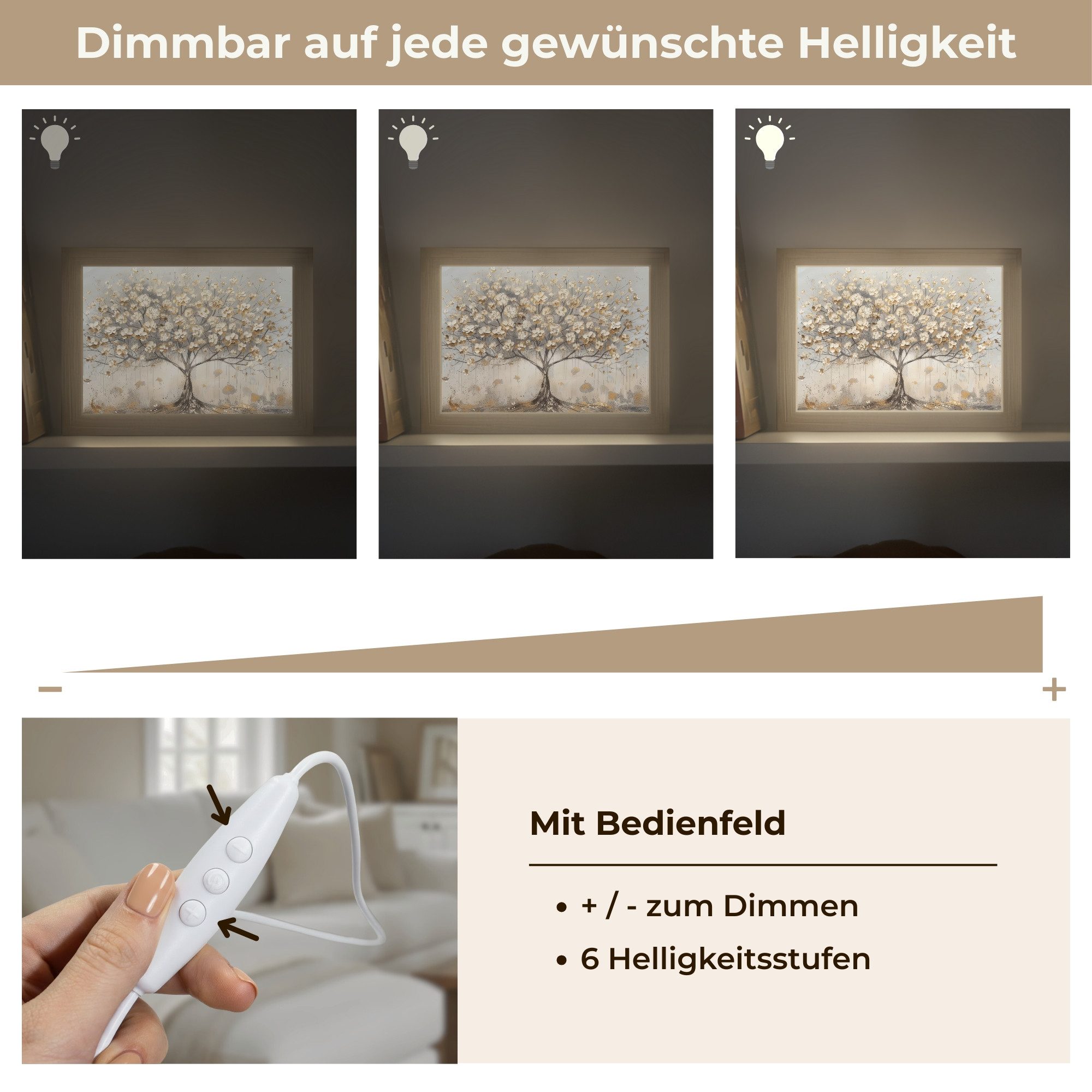 OnlyWow Wandleuchte Lightbox Baum - Beige - Gold - Lackoptik - Grau, Dimmbar, Farbwechsel, LED, Warmweiß, Kaltweiß, Neutralweiß Einstellbar, Wandlampe Innen, Dimmbar, mit Kabel, LED, Modern, Flur