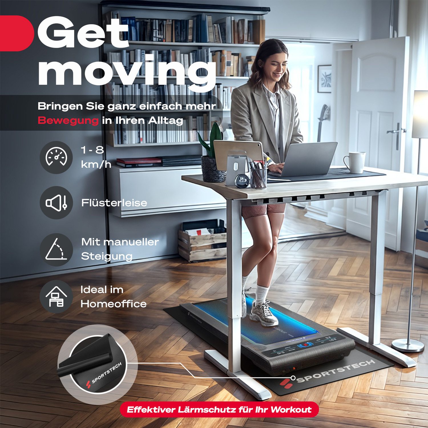 Sportstech Laufband sWalk, bis 8 km/h, Steigung 7,5%, Trainingsprogramme, LED Tempolicht