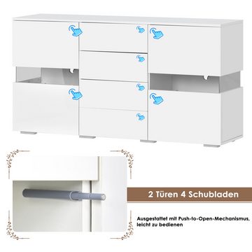 Flieks Sideboard (1 St., mit 2 Türen und 4 Schubladen), Kommode mit LED Schrank Anricht 140*35*72cm, Weiß
