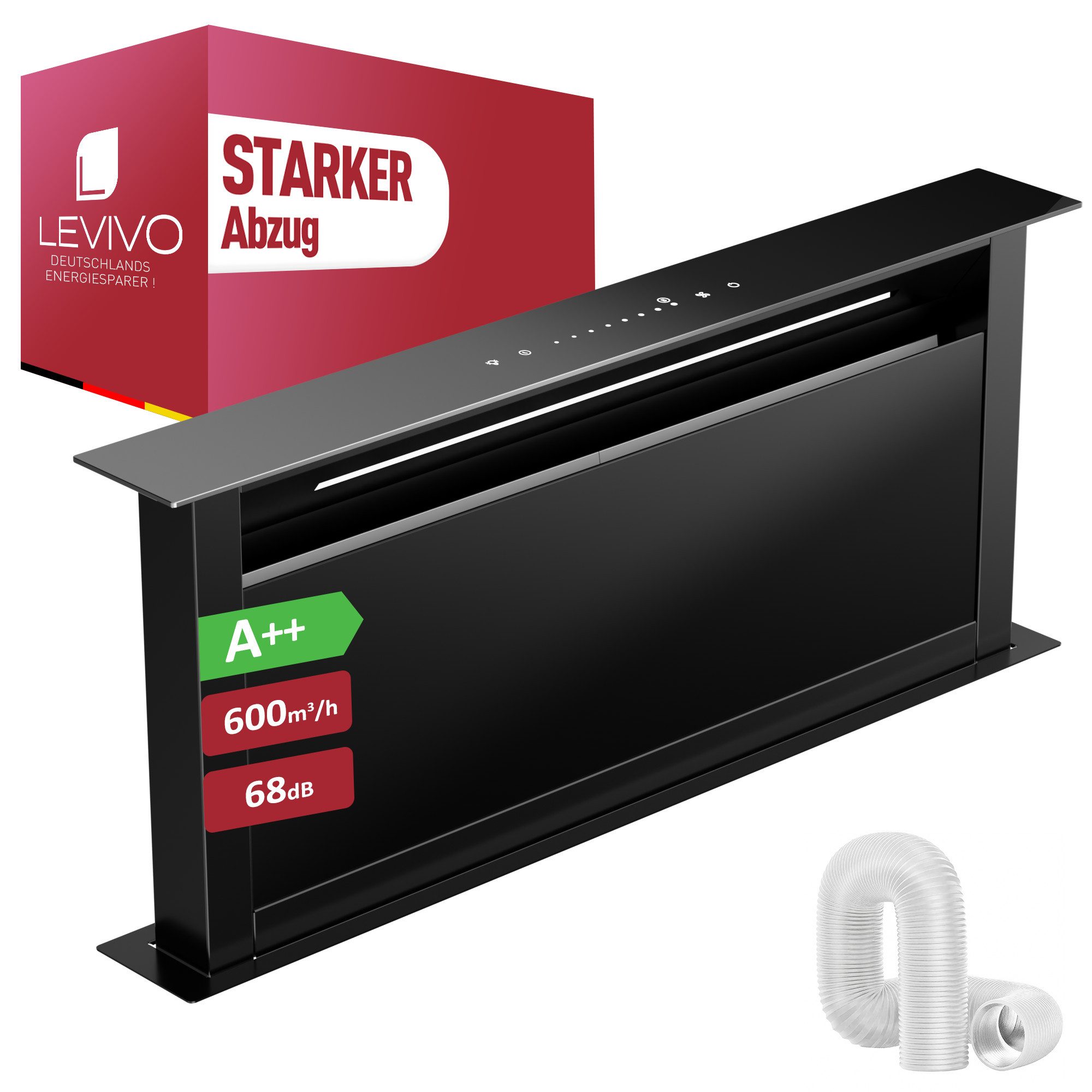 Levivo Deckenhaube A++ Dunstabzugshaube 60cm und 90cm Umluft & Abluft mit 600 m³/h A++ Dunstabzugshaube 60cm und 90cm Umluft & Abluft mit 600 m³/h, Aktivkohlefiltern, Fettfiltern, LED-Beleuchtung