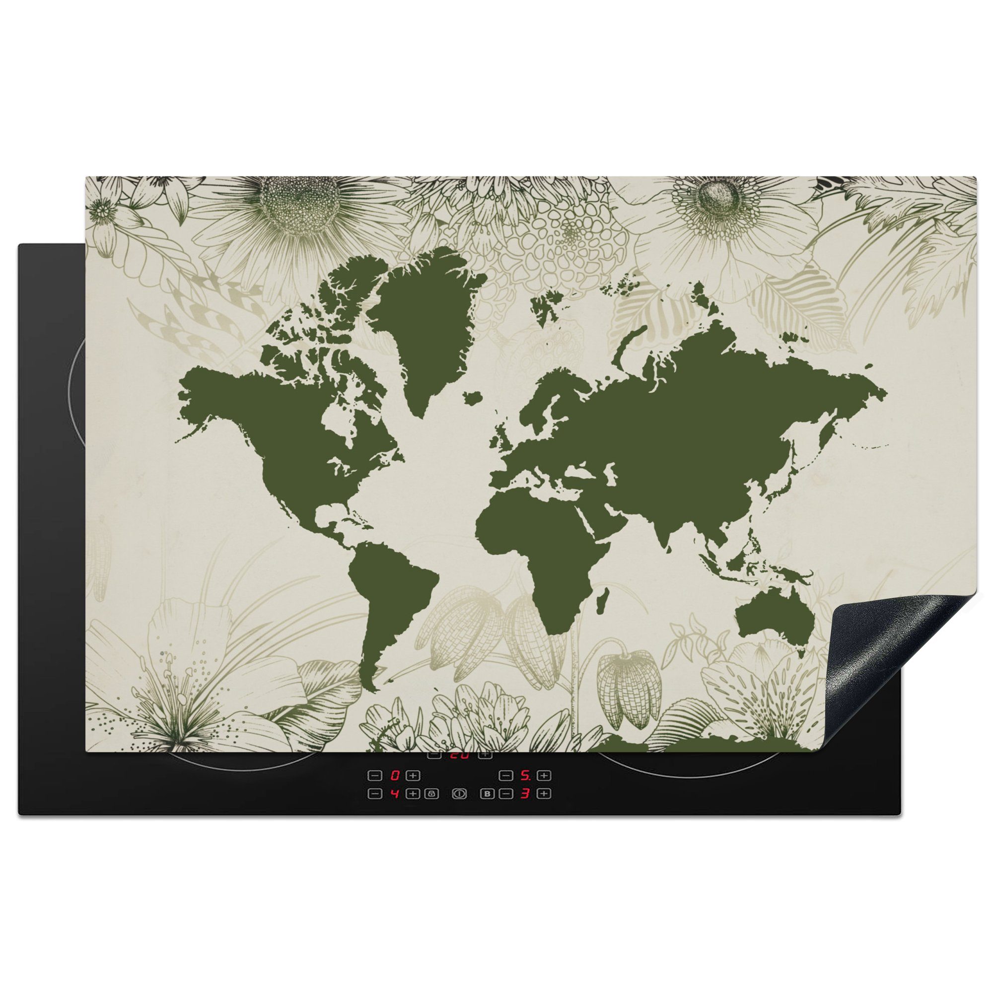 MuchoWow Herdblende-/Abdeckplatte Weltkarte - Blumen - Grün, Vinyl, (1 tlg), 81x52 cm, Induktionskochfeld Schutz für die küche, Ceranfeldabdeckung
