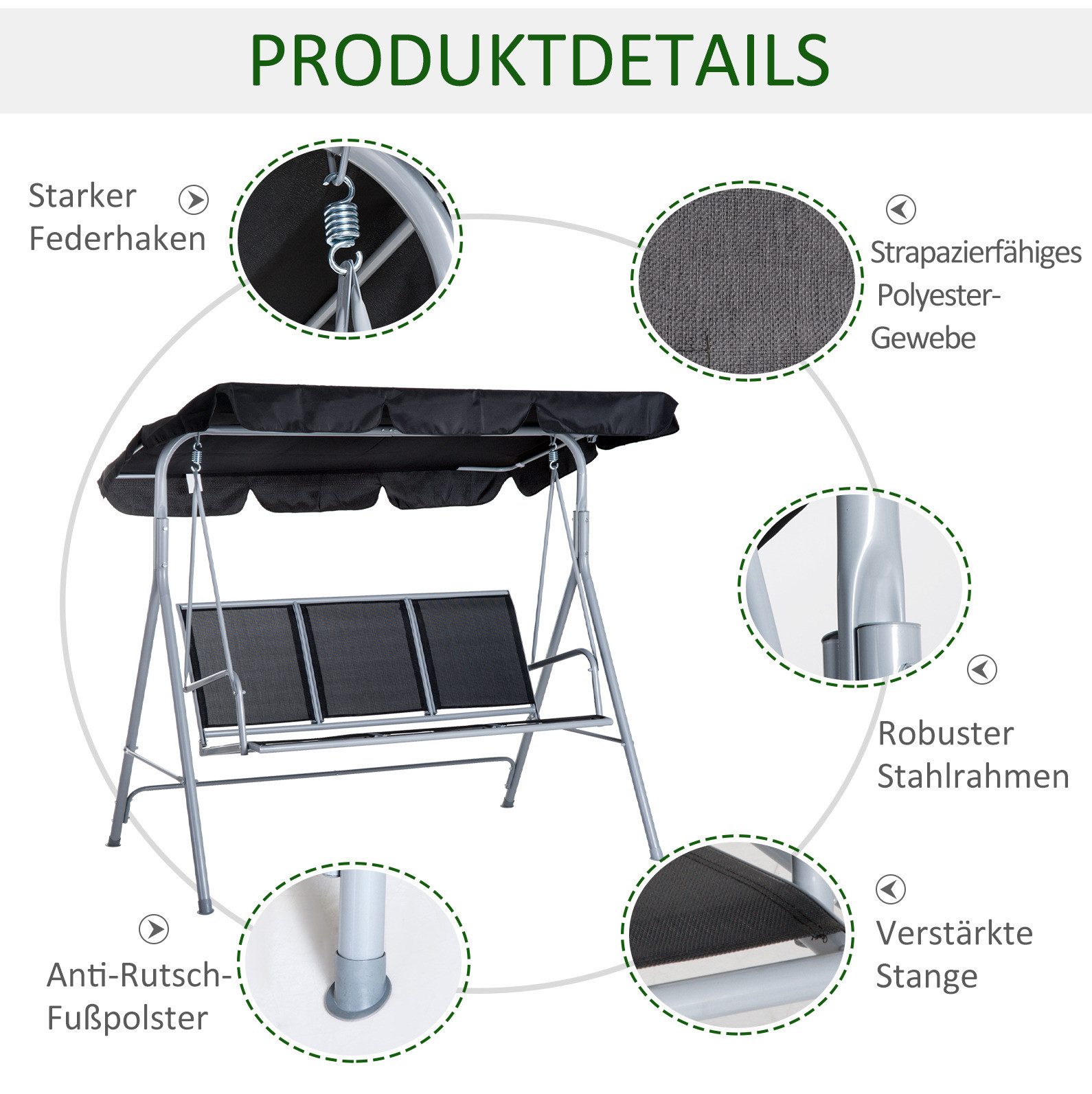 REDOM Hollywoodschaukel 3-Sitzer Grau Silber mit Dach 171x108x154 cm im modernen Stil, 3-Sitzer, Packung, 1 tlg., für 3 Personen, Outdoor Sitzmöbel Bereich, Garten Schaukelbank aus Metall für Balkon Terrasse Garten
