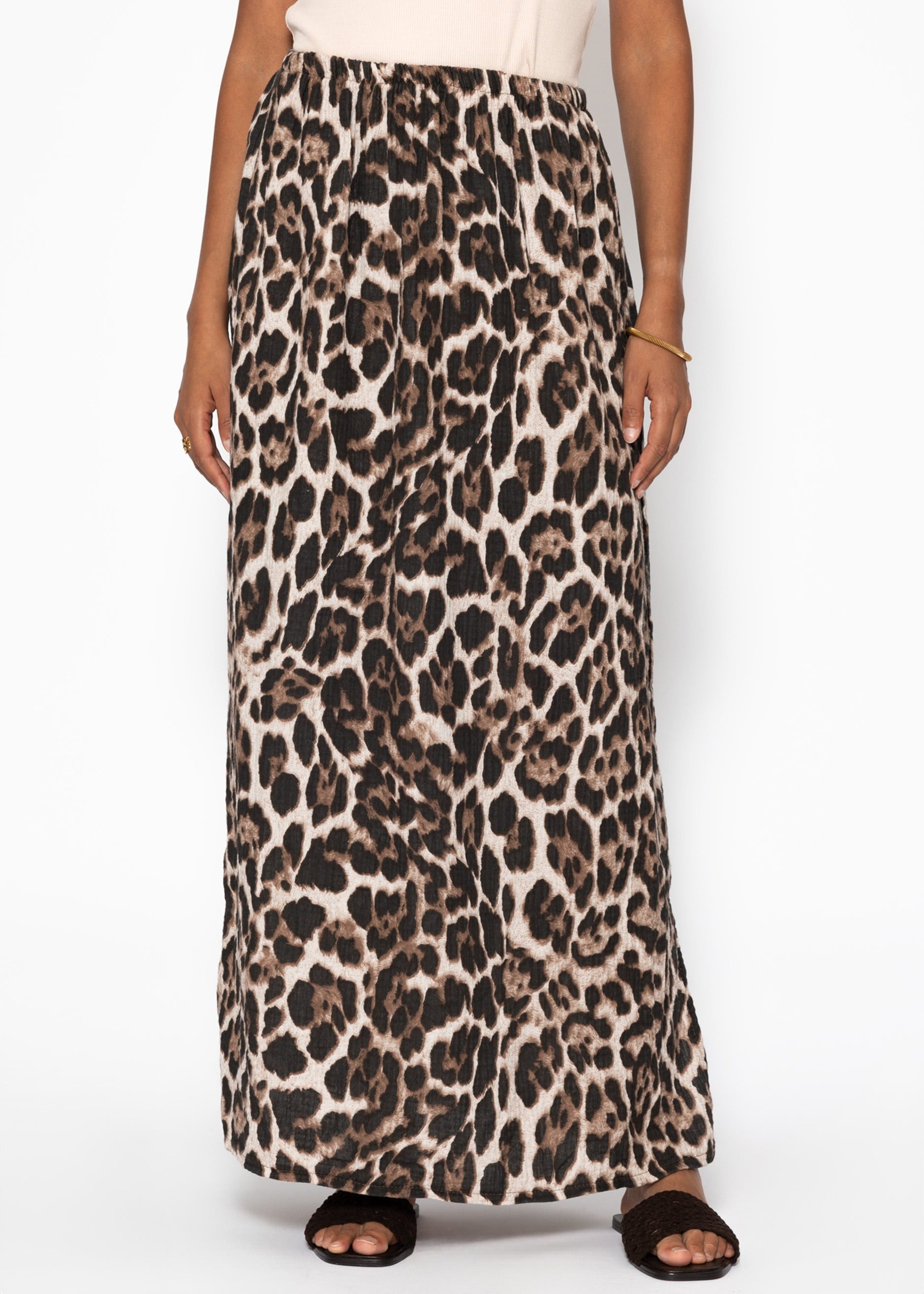SASSYCLASSY Maxirock Maxi Musselin Rock mit Schlitz für Damen Maxirock aus Baumwolle mit elastischem Bund Schwarz Leo Taupe Pink – Bild 4 von 5
