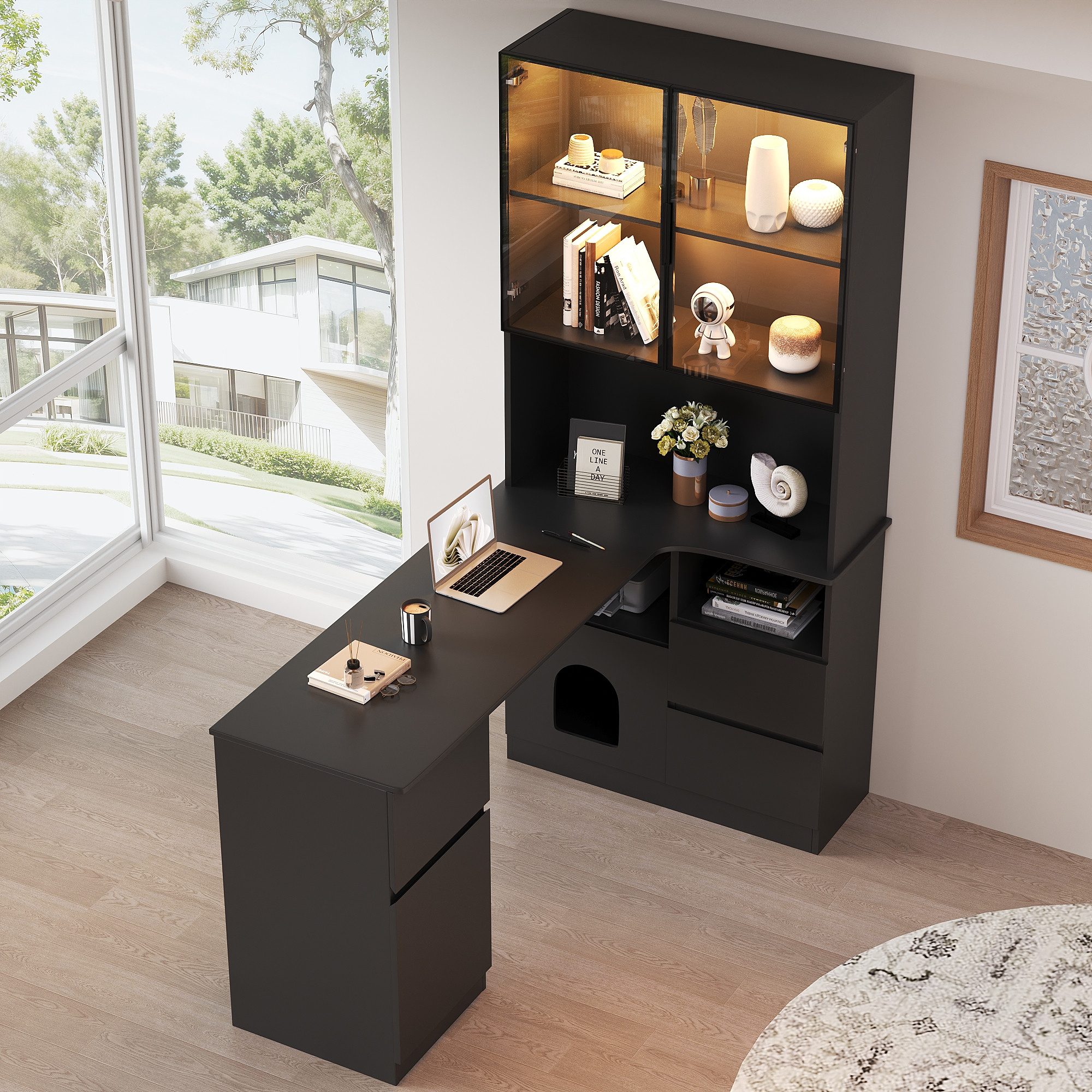 Flieks Eckschreibtisch 2-in-1 Hochschrank mit LED und Glastüren & L-förmig Arbeitstisch (1-St., Tischmaße: 120x45x76 cm, Schrankmaße: 80x30x180 cm), Regal-Schreibtisch Computertisch inkl. Glasvitrine/Bücherregal Schwarz