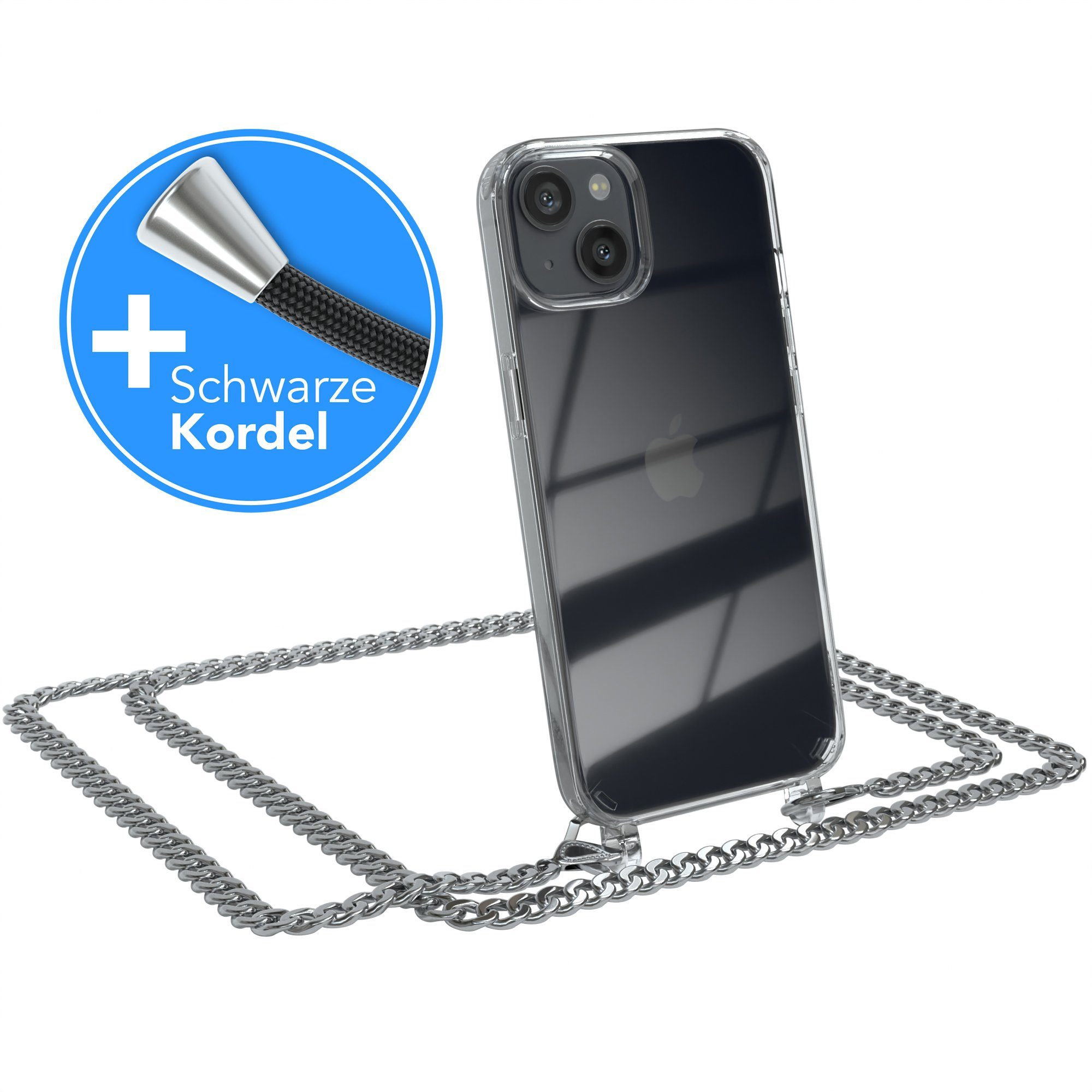 EAZY CASE Handykette 2in1 Metallkette für Apple iPhone 13 6,1 Zoll, Hülle mit Kette Metallkette Slimcover Handykette Umhängetasche Silber