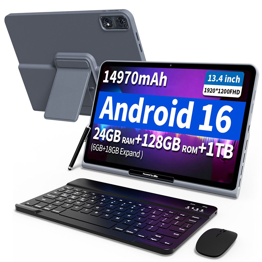 VASOUN 13,4 Zoll Tablet, 8 Lautsprecher, 14.970 mAh, 4G LTE SIM Tablet (128 GB, 4G, (FHD 1920×1200, 24 GB RAM (6+18 GB), Tastatur, Hülle, Android 16)