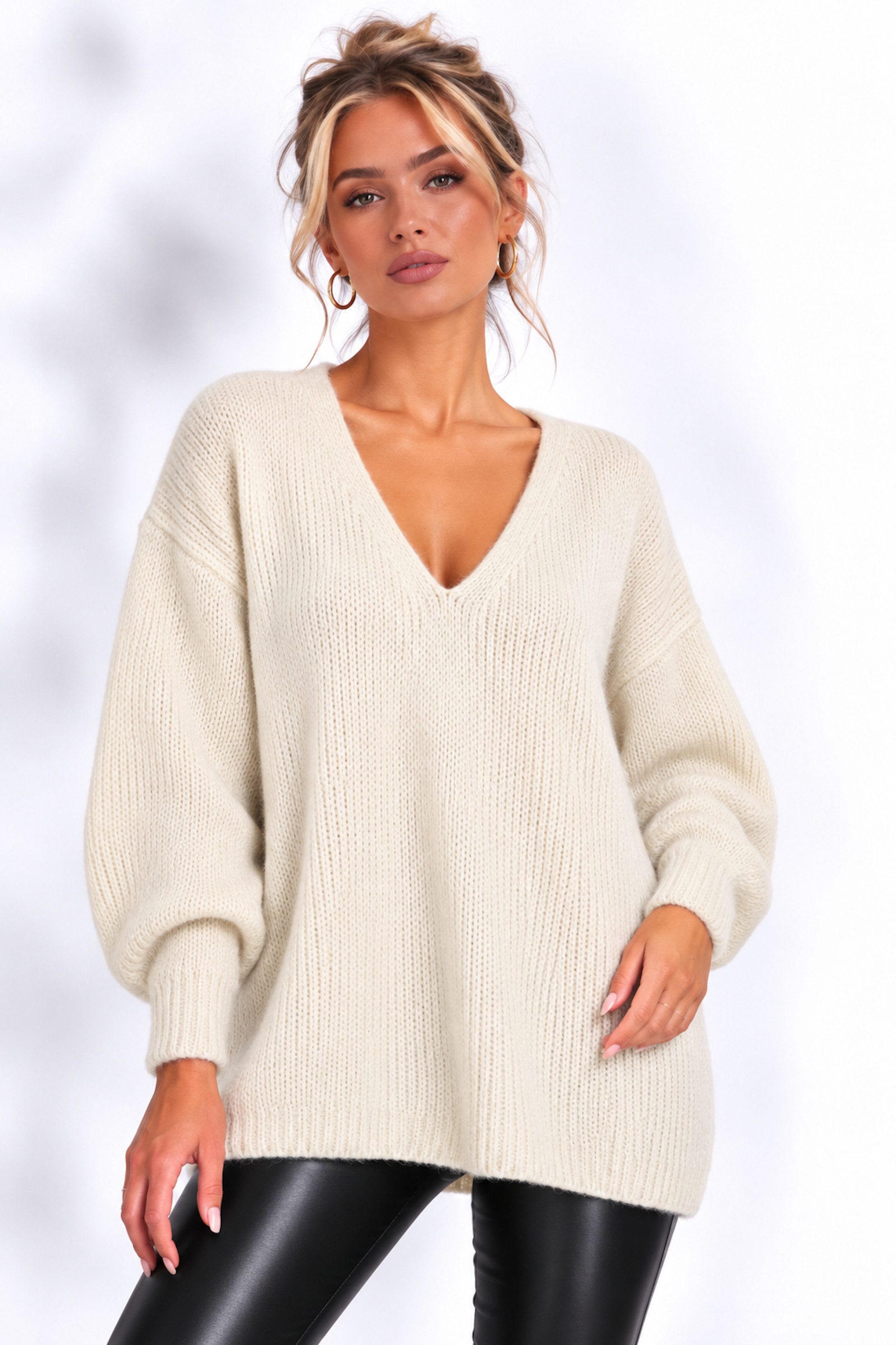 Worldclassca Longpullover WORLDCLASSCA Damen Oversize Strickpulllover Lang Pulli V-Ausschnitt Neue Kollektion - Stilvolle und gemütliche Strickmode für Damen
