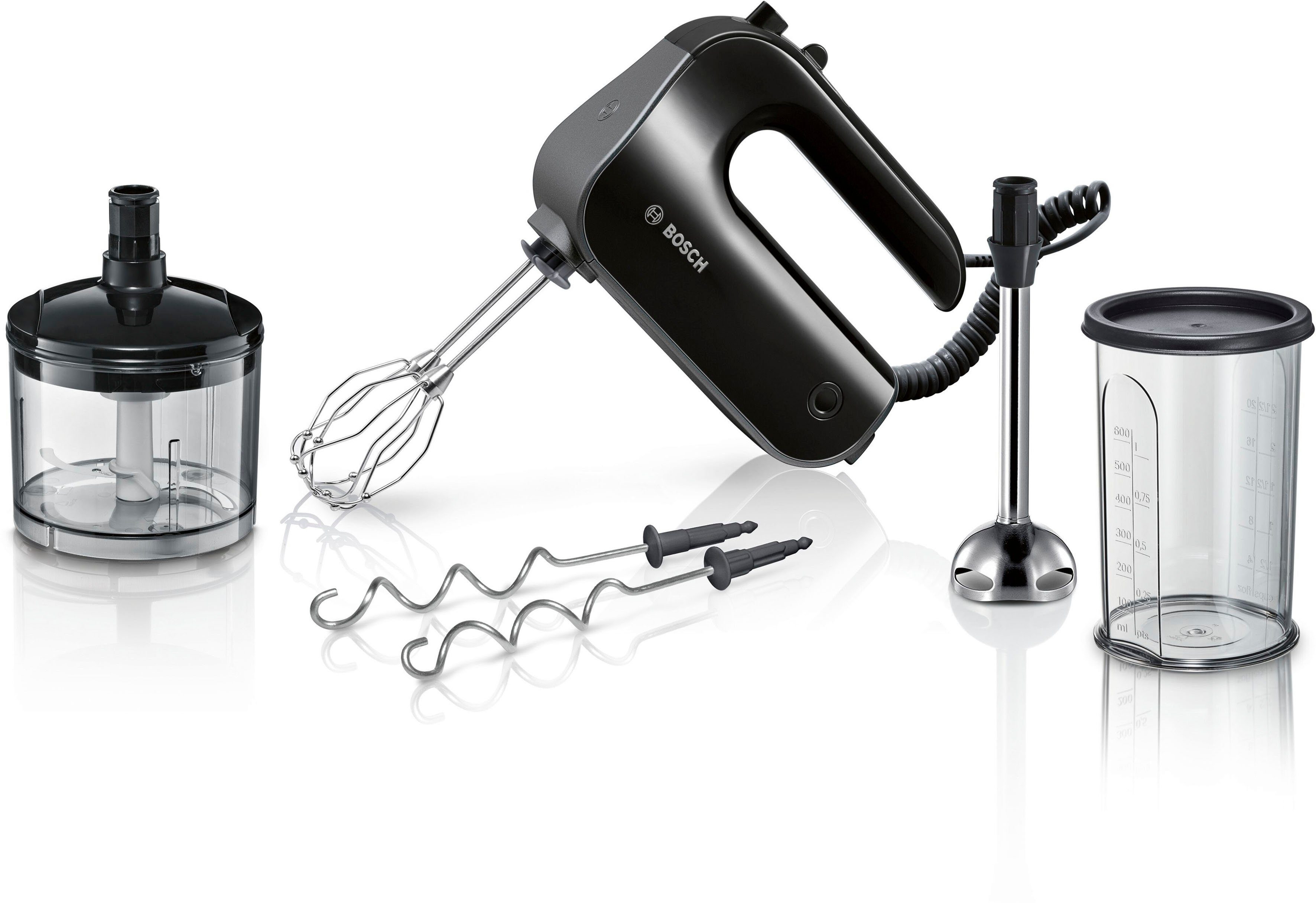 BOSCH Handmixer Home Professional MFQ4980B, Edelstahl Besen/Knethaken, Mixfuß, schwarz, 850 W, Spiralkabel, 5 Stufen, Turbostufe, Zerkleinerer, Mixbecher, Made in EU