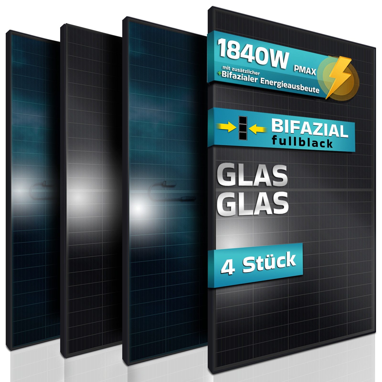 SUNNIVA Solarmodul Solarpanele - FULL BLACK Bifazial Glas/Glas 460 Watt, (PV Panel - PMax 460W Bifacial Solar modul n-type, geeignet für Balkonkraftwerk, IP68, Photovoltaik, 4-St)