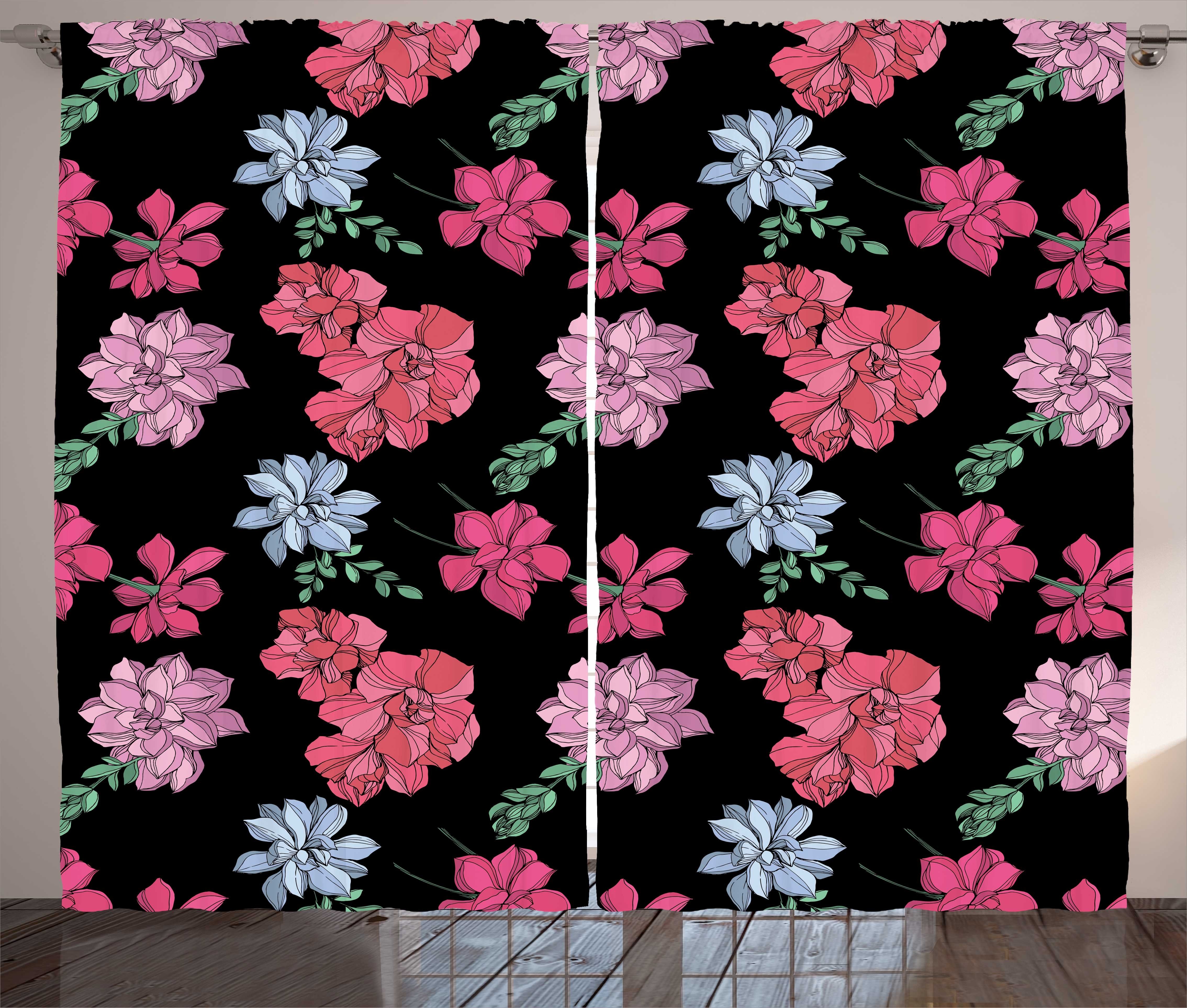 Gardine Schlafzimmer Kräuselband Vorhang mit Bunte Haken, Blumen und Zeichnung Floral Abakuhaus, Schlaufen