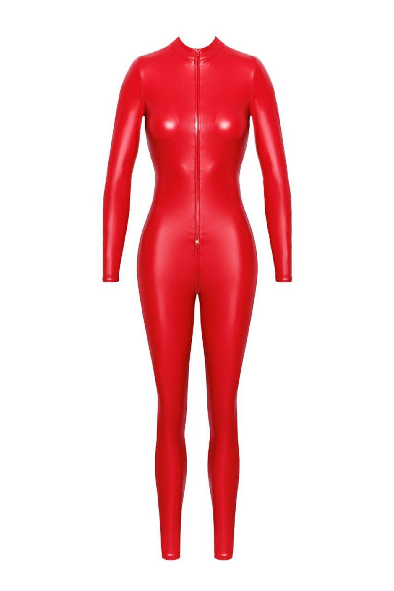 Noir Handmade Overall Roter Damen Wetlook Overall mit vorderem 3-Wege Reißverschluss Catsuit