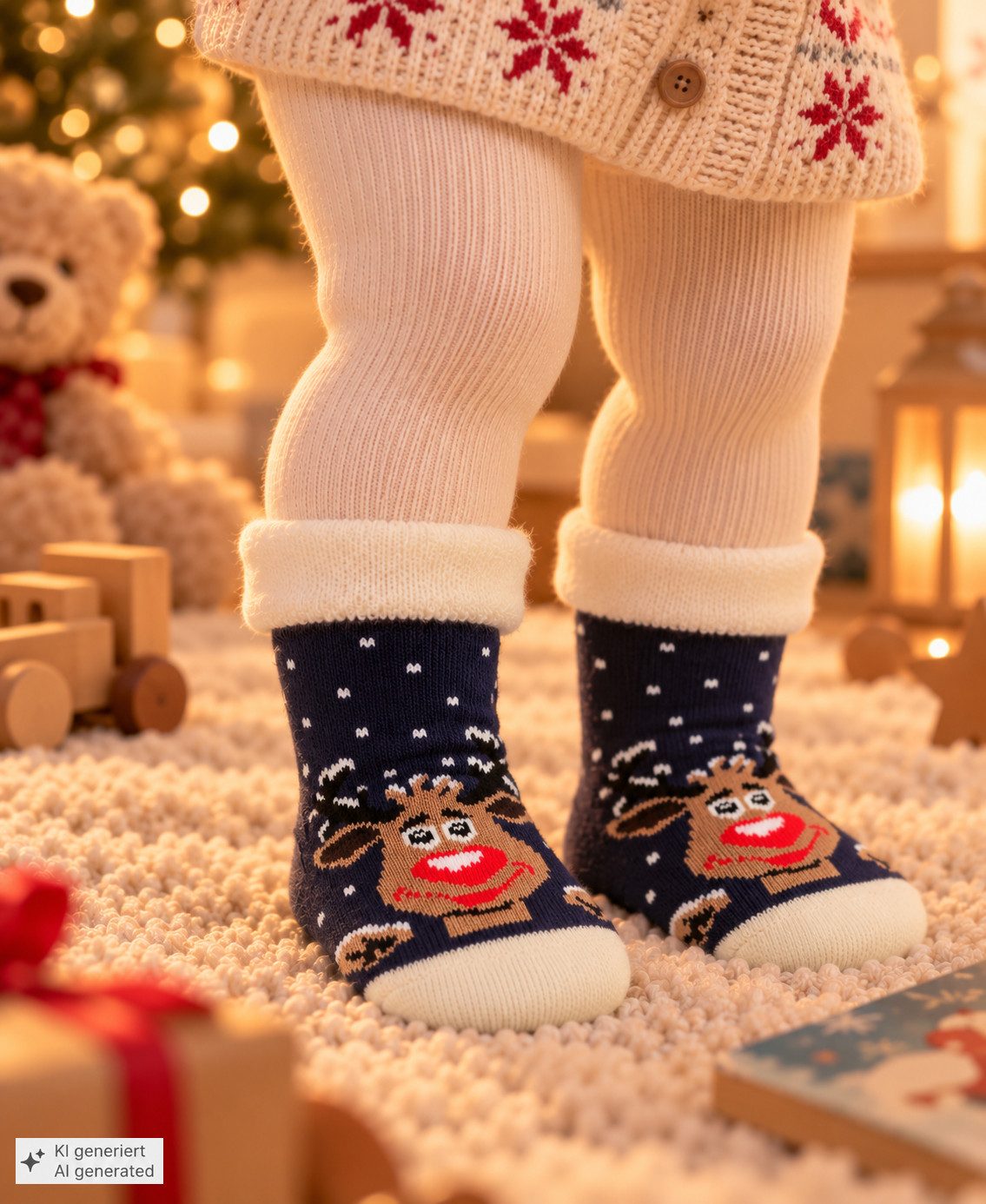 Martinex Thermosocken Socken für Baby Kleinkinder warme Hüttenschuhe mit Rentier 20 21 23 25 27 29 30 31 33 35 37 mit ABS Noppen, aus Frottee-Stoff