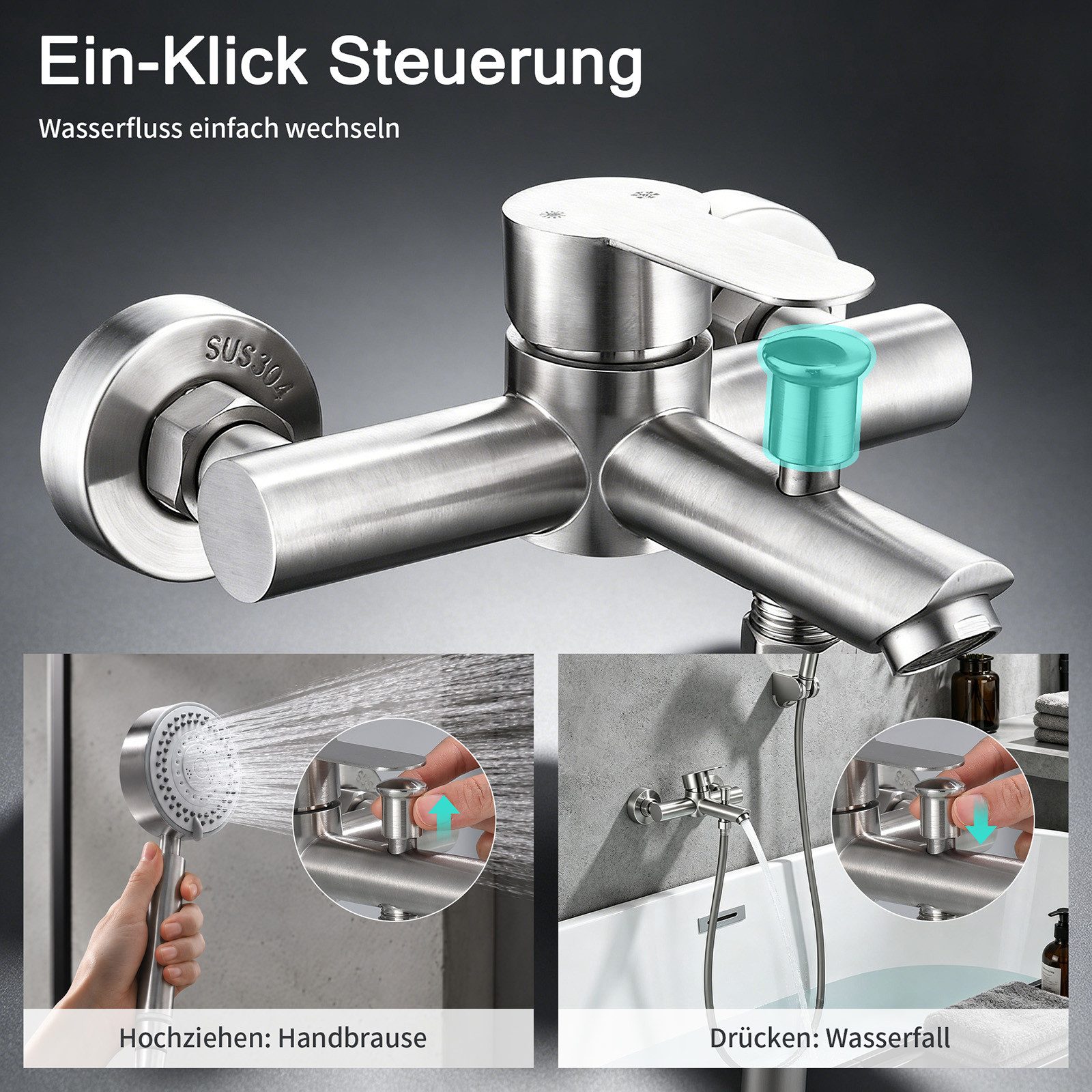 HOMELODY Wannenarmatur Badewannenarmatur Set gebürstet mit 4-strahliger Handbrause,Edelstahl Edelstahl Duscharmatur Wandmontage mit G1/2 Anschluss