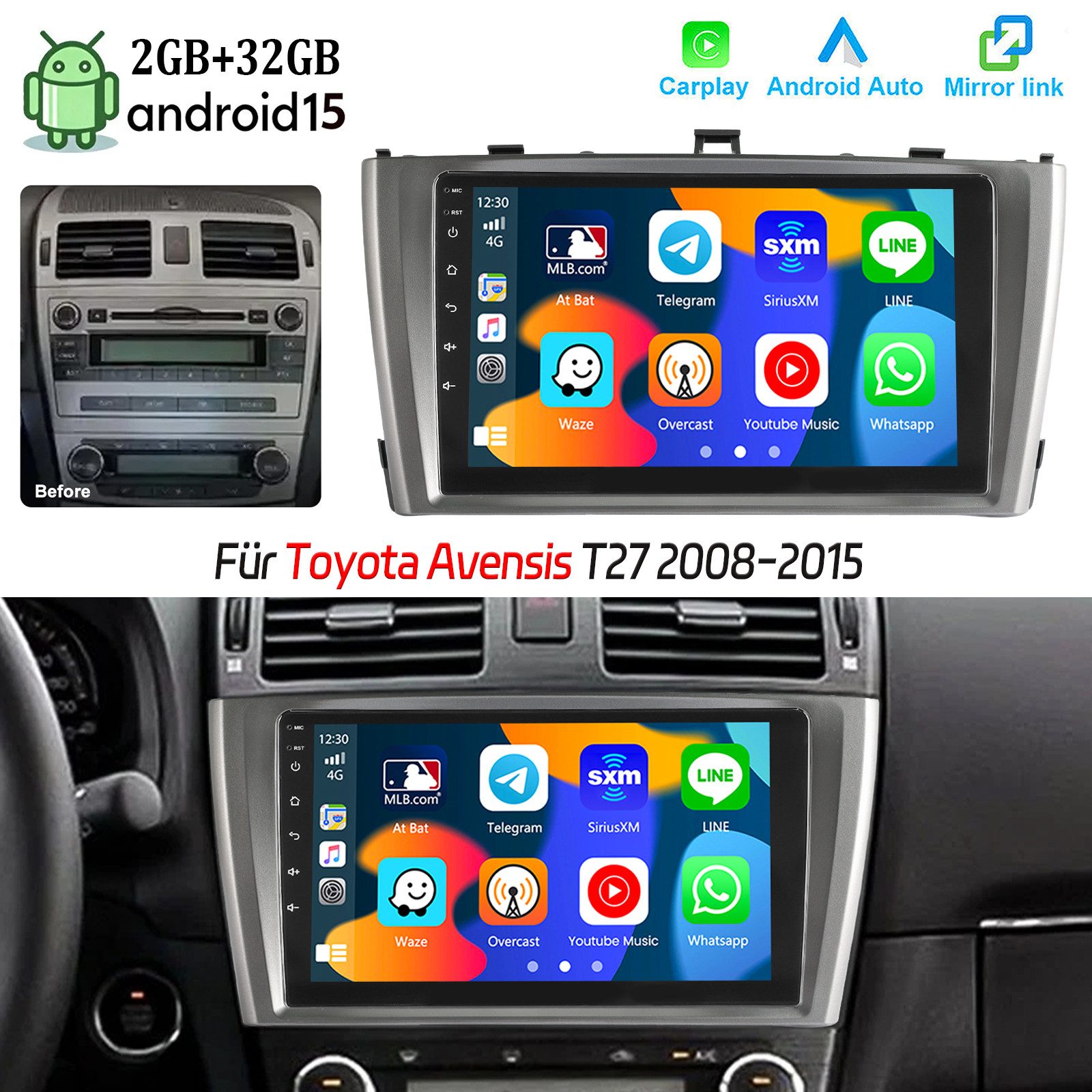 ESSGOO Für Toyota Avensis T27 08-15 Android 15 Autoradio Carplay GPS KAM SWC Autoradio (DAB (optional), DAB+ (optional), 4+64GB(optional), RDS, AM, FM, Carplay Android Auto Bluetooth EQ USB GPS Navi WIFI Touchscreen)