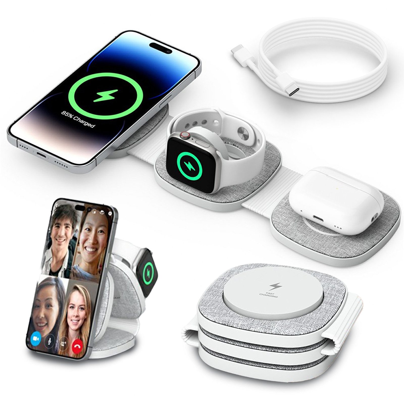 GreenHec Ladestation iPhone Apple Watch Foldable 3in1 Induktiv MagSafe Wireless Wireless Charger (3000 mA, Spar-Set, 3in1 PowerBase + USB-C Kabel + 20w Ladegerät, Charger 17 16 15 14 13 12 Pro Max Air Plus Station Induktionsladegerät)