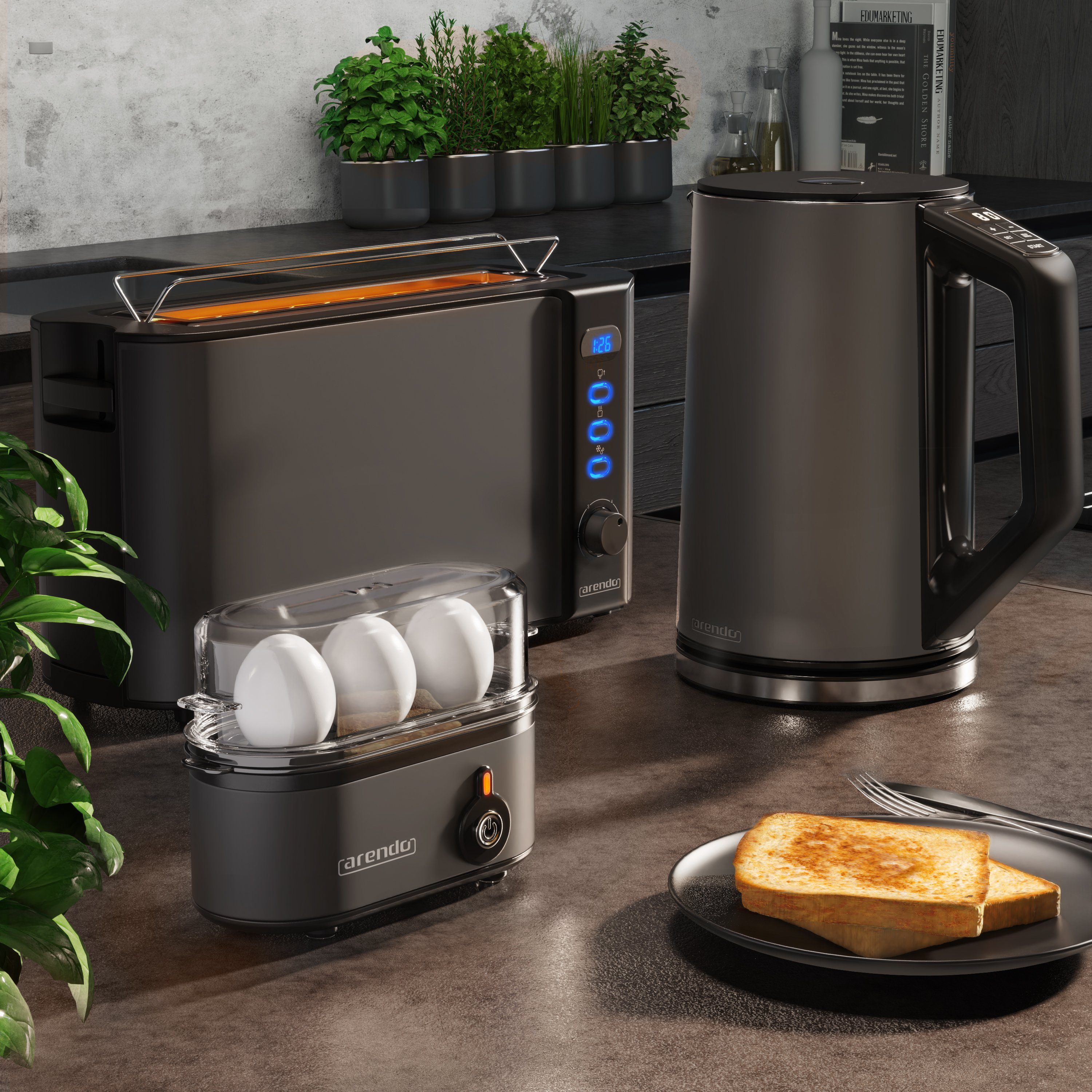 Arendo Toaster / (3-tlg), 2-Scheiben Frühstücks-Set Grau / Edelstahl, Wasserkocher Eierkocher, 1,5l